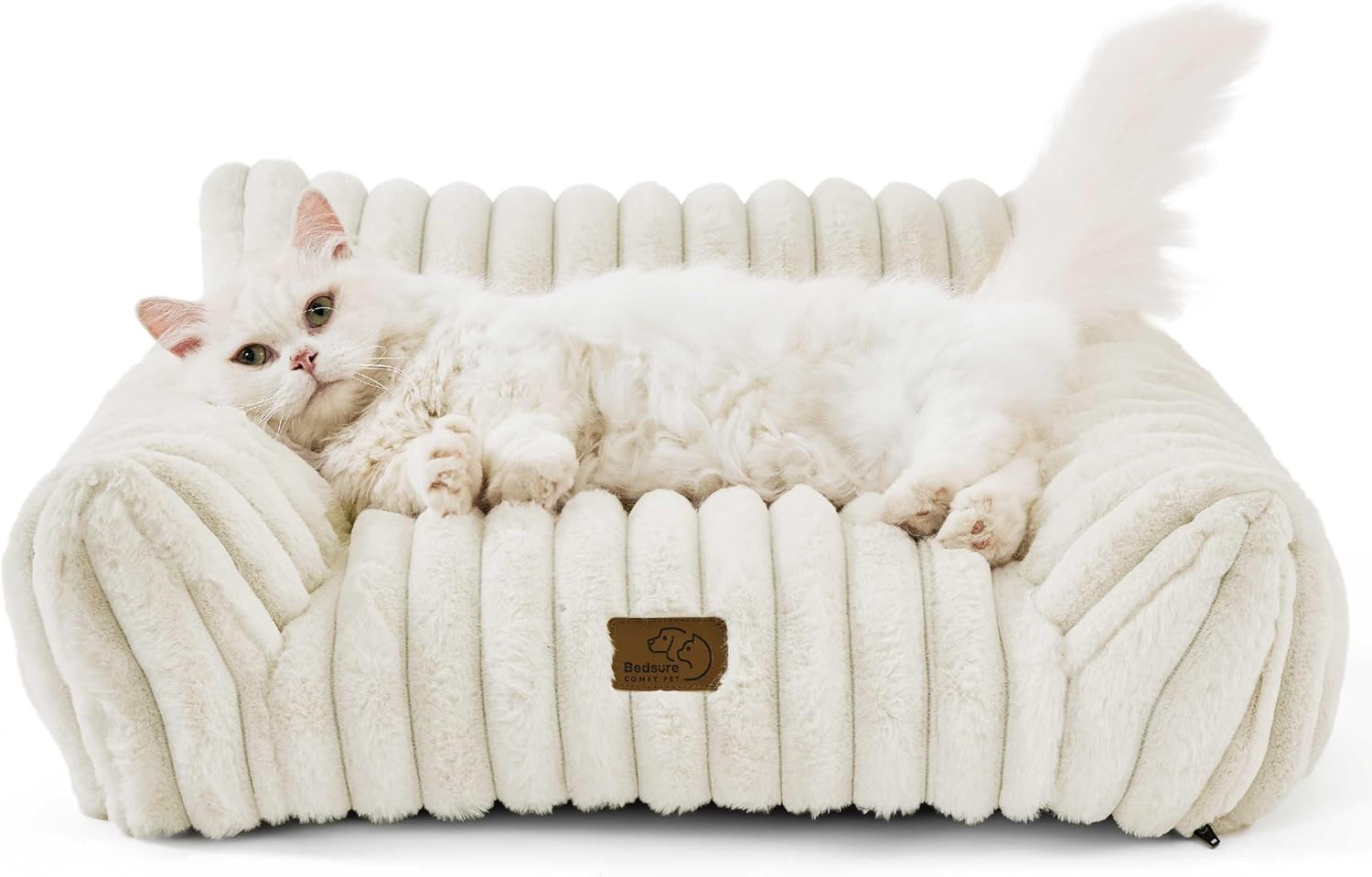 Bedsure ComfyFleece™ Cute Cat Couch for Pets - As Seen on TV on Good Day New York, Fuzzy Cats beds for Indoor Cats with Removable Washable Cover, Supportive Pet Sofa, 24inch, Cream - Image 8