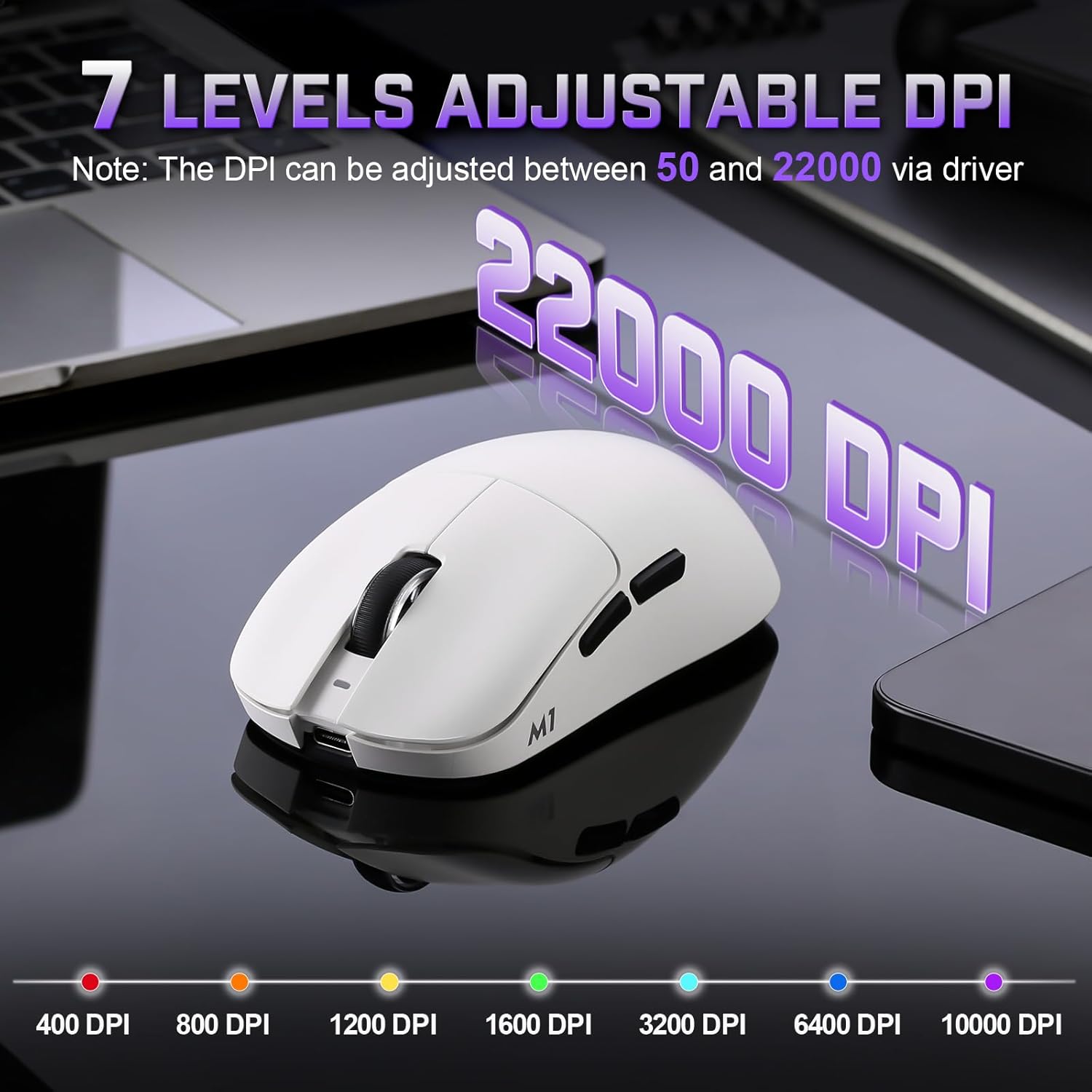 YUNZII M1 Wireless Gaming Mouse, Tri-Mode 2.4G/BT/Wired Gaming Mouse, PAW3311 Sensor 10000 DPI Rechargeable Wireless Mouse with 5 Programmable Buttons, Customizable via Software for Win & Mac (White) - Image 4