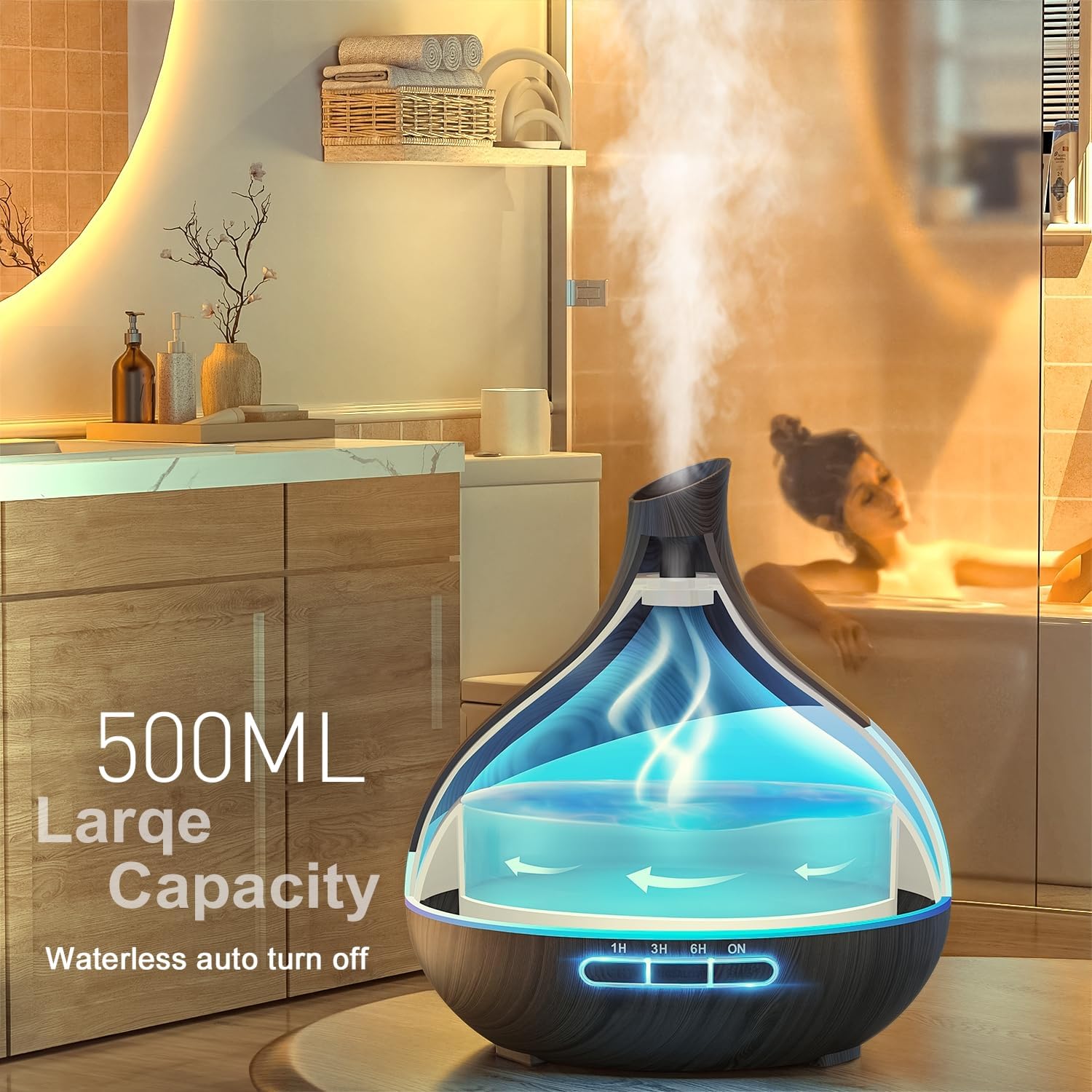 500ML Essential Oil Diffuser: Aroma Diffuser with Remote Control for Hotel Spa Yoga Room - Humidifiers for Bedroom with 14 Colors LED Night Light for Kids/Women Home Relaxation - Image 3