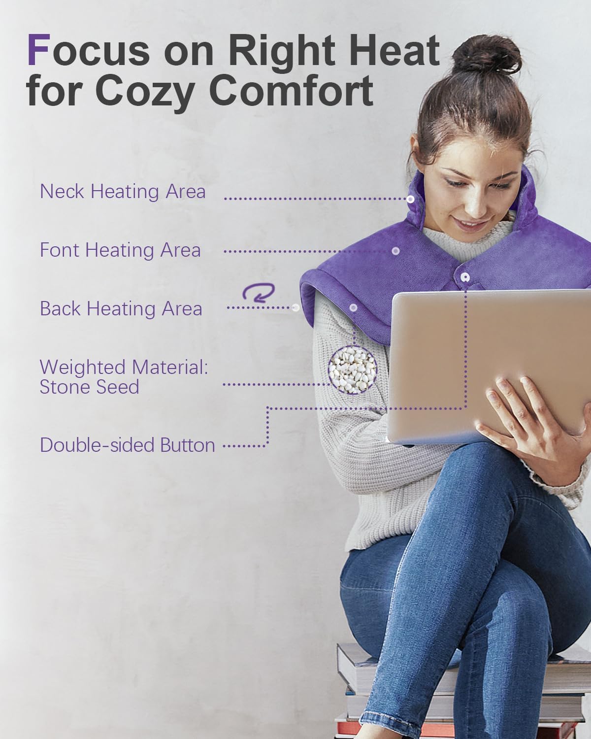 Heating Pad for Neck Shoulders Back, Weighted Heated Neck Wrap & Shoulder Heating Pad for Mom, Versatile Heat Pad for Full-Body Relax, Anniversary | Birthday Gifts for Women Her Wife Grandma, Purple - Image 4