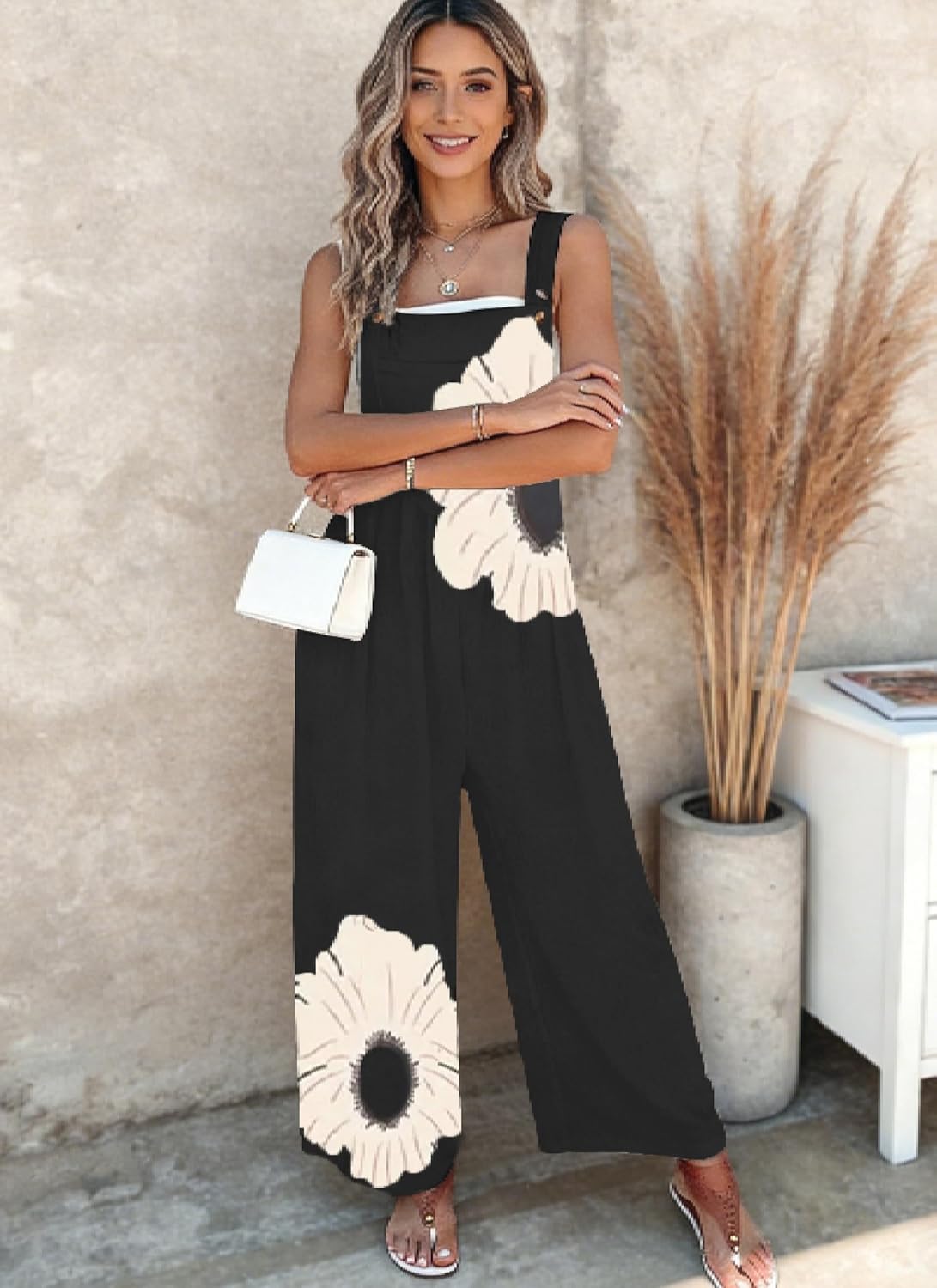 Women's Jumpsuits 2026 Summer Floral Overalls One Piece Outfits Sleeveless Wide Leg Pants Rompers with Pockets - Image 3