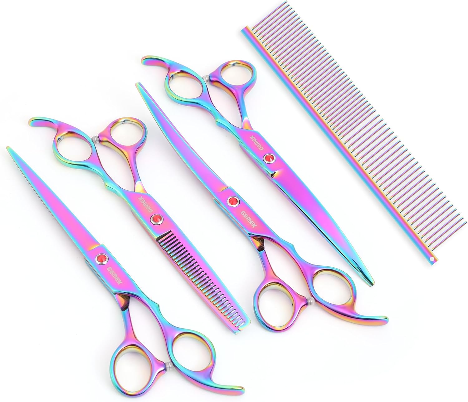 7.0in Titanium Professional Pet Grooming Scissors Set, GEMEK 6 in 1 Straight & Thinning & Upwards Curved & Downwards Curved Scissors & Comb for Dogs, Cats (Rainbow) - Image 9