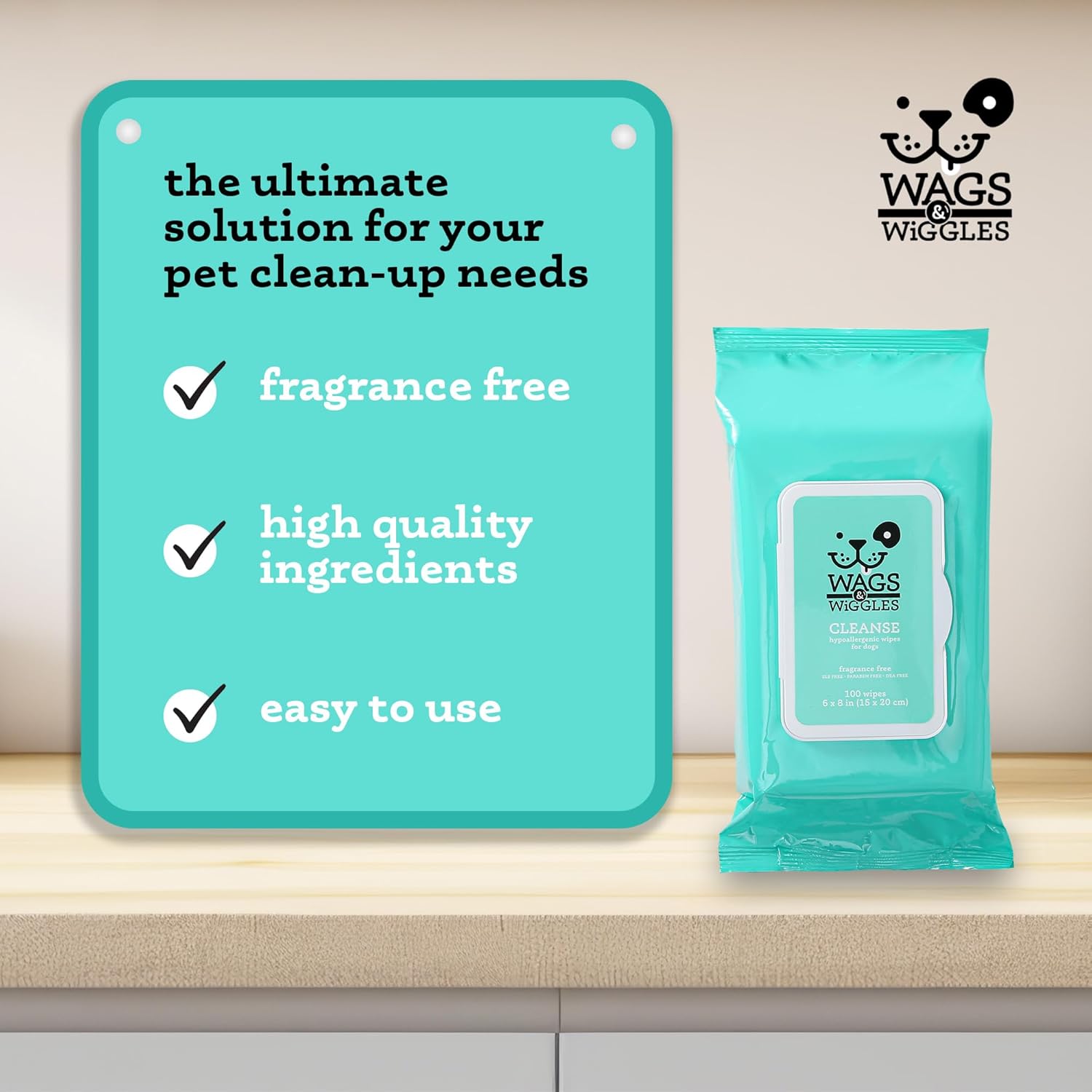 Wags & Wiggles Hypoallergenic Dog Wipes for Sensitive Skin, Fragrance Free Waterless Cleansing Towelettes for Paws Face Body & Rear, No SLS DEA Parabens, 100 Count - Image 5