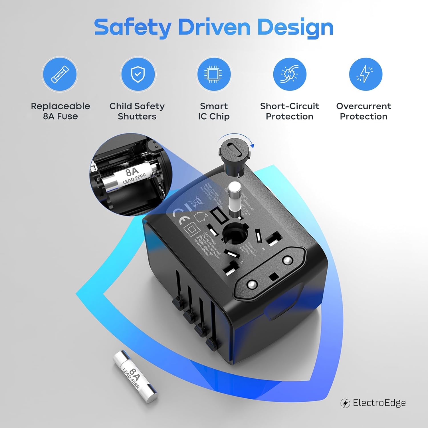 Universal Travel Adapter with 3USBA + 1USBC Port, All-in-1 Worldwide Travel Adapter | European to UK Plug Adaptor | International Travel Plug Adapter for US/EU/AUS/UK - Image 3