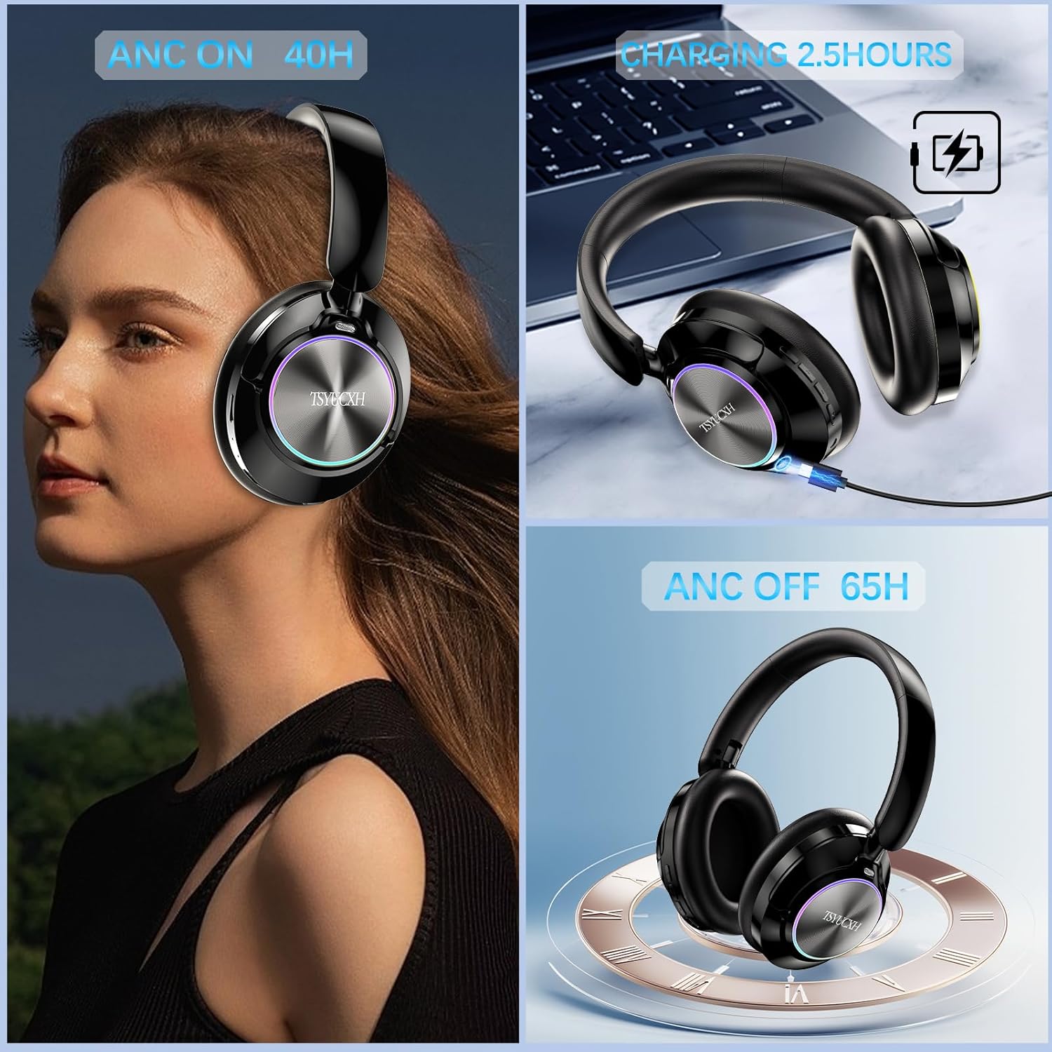 Noise Cancelling Over Ear Wireless Bluetooth Headphones with Microphone, 65h Playtime, Clear Calls, Comfort Fit for Travel (Black) - Image 2