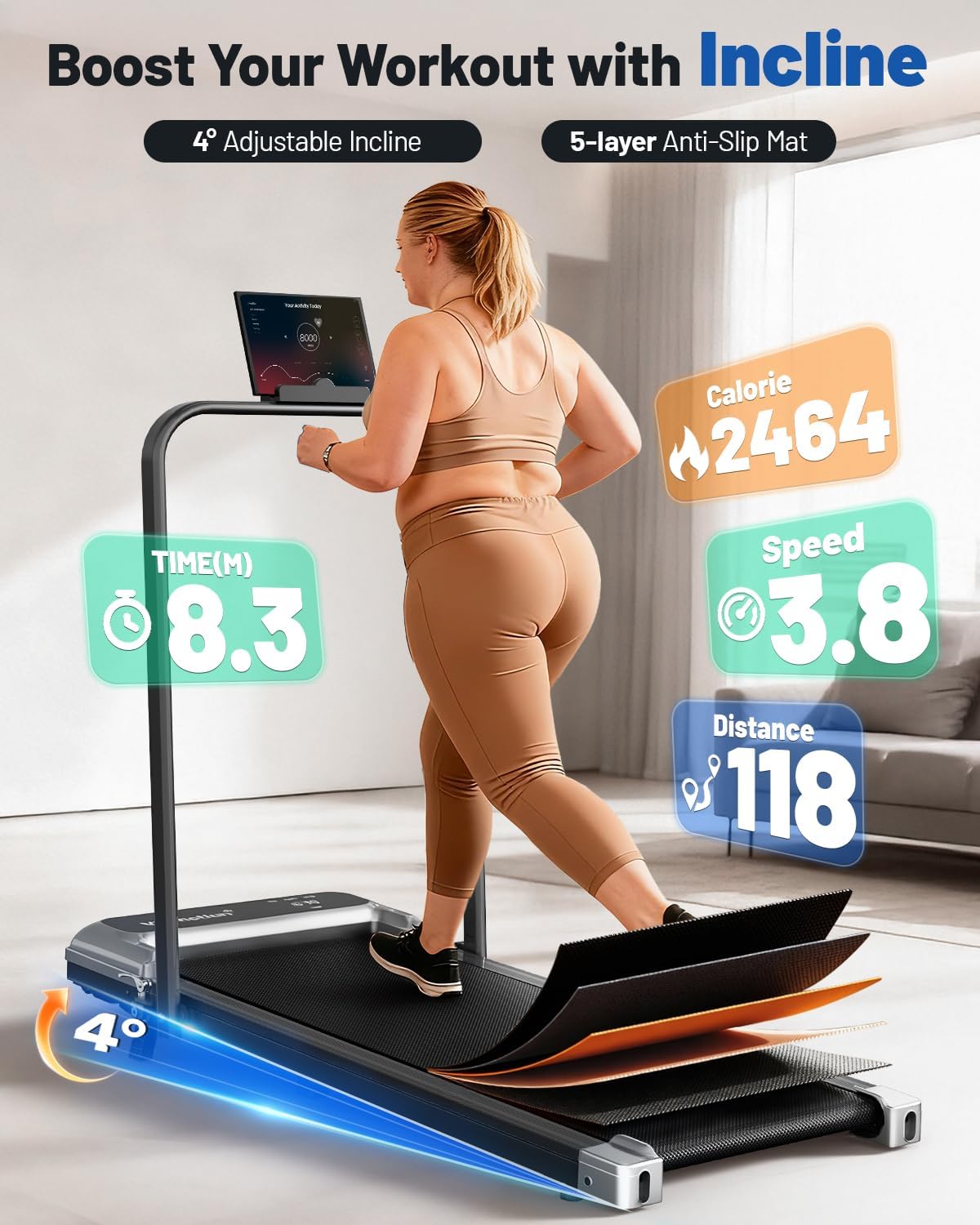 Walking Pad Treadmill with Handle Bar and Adjustable Incline, Compact Portable Treadmills for Home Office, 2.5HP Quiet Anti-Slip Under Desk Treadmills, 0.6-3.8 MPH Remote Speed Control, 265 LBS - Image 2