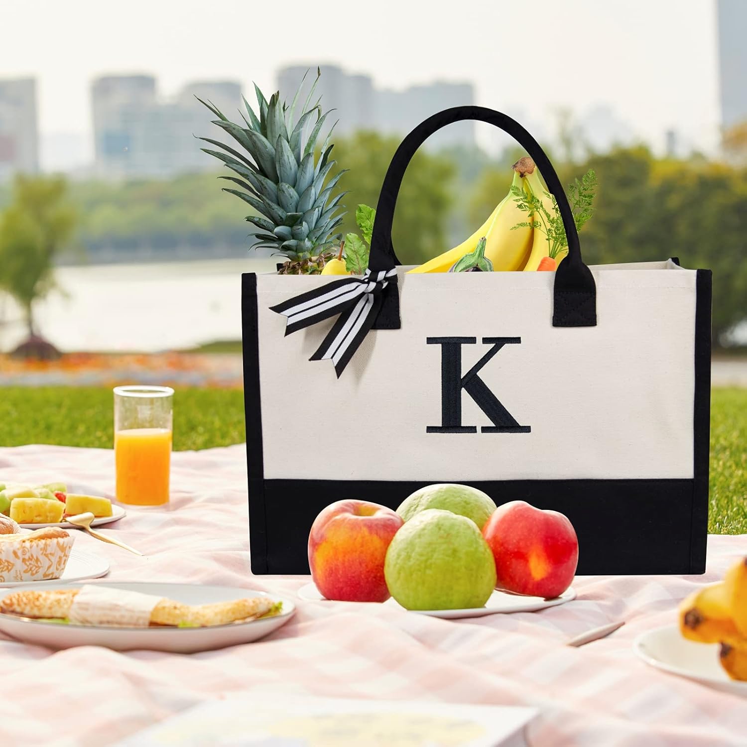 TOPDesign Personalized Initial Canvas Beach Bag, Monogrammed Gift Tote Bag for Women - Image 3