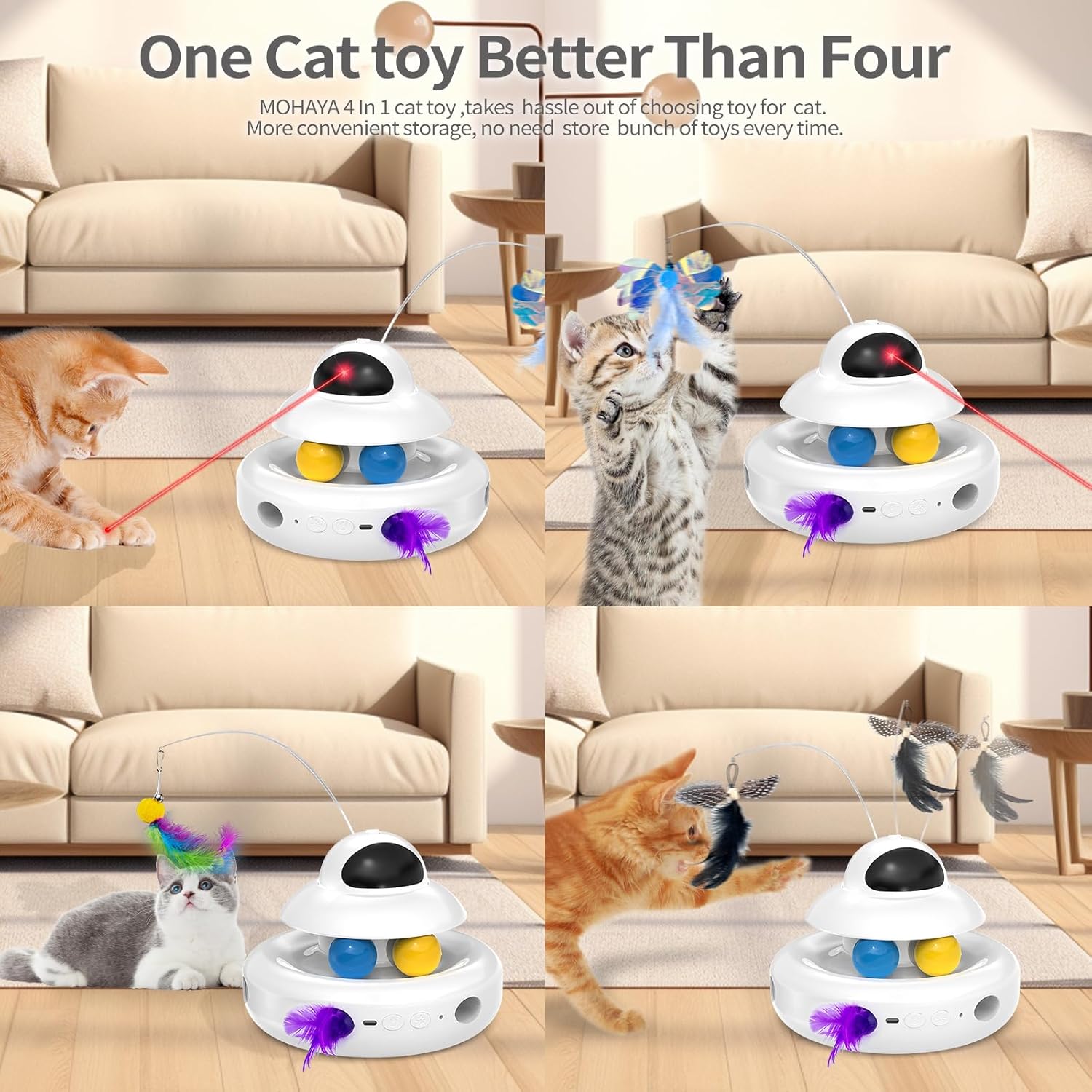Interactive Cat Toys for Indoor Cats,4-in-1 Automatic Kitten Toy with Laser, Fluttering Butterfly, Moving Feather & Track Balls, USB Rechargeable Self-Play Electronic Toy for Kittens & Adults - Image 2