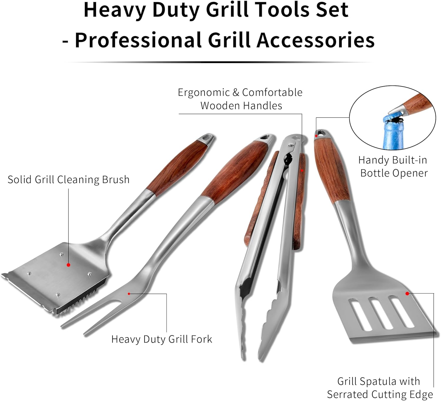 FJNATINH Heavy-Duty Grilling Accessories Rose Wooden BBQ Grilling Tools Set,Outdoor Grill Set with Spatula, Fork, Brush & Tongs,Essential Accessories for Barbecue & Grill. Ideal Gift for Men - Image 2