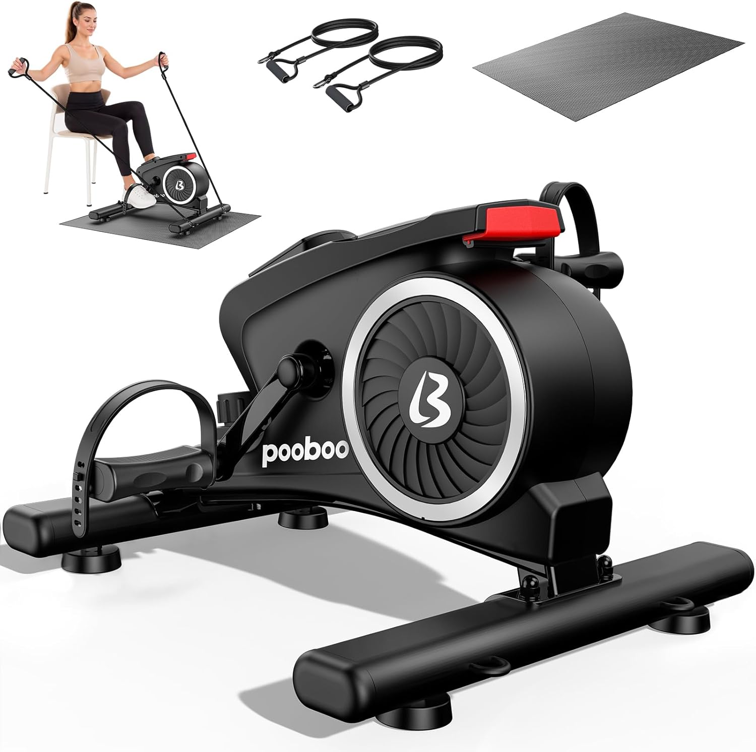 pooboo Under Desk Bike Pedal Exerciser, Quiet Magnetic Mini Exercise Bike with 16 Resistance Levels, Arm & Leg Workout, Resistance Bands & Non-Slip Mat for Home Office Therapy