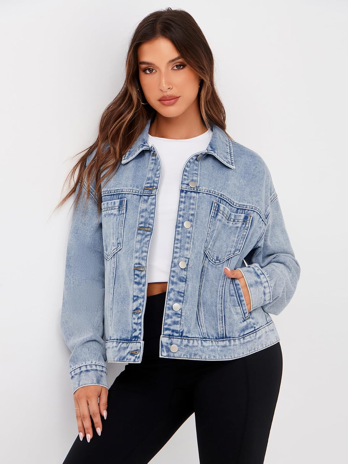 Glamaker Womens Oversized Jean Jacket Casual Long Sleeve Button Down Denim Jacket Fall Coat - Image 3