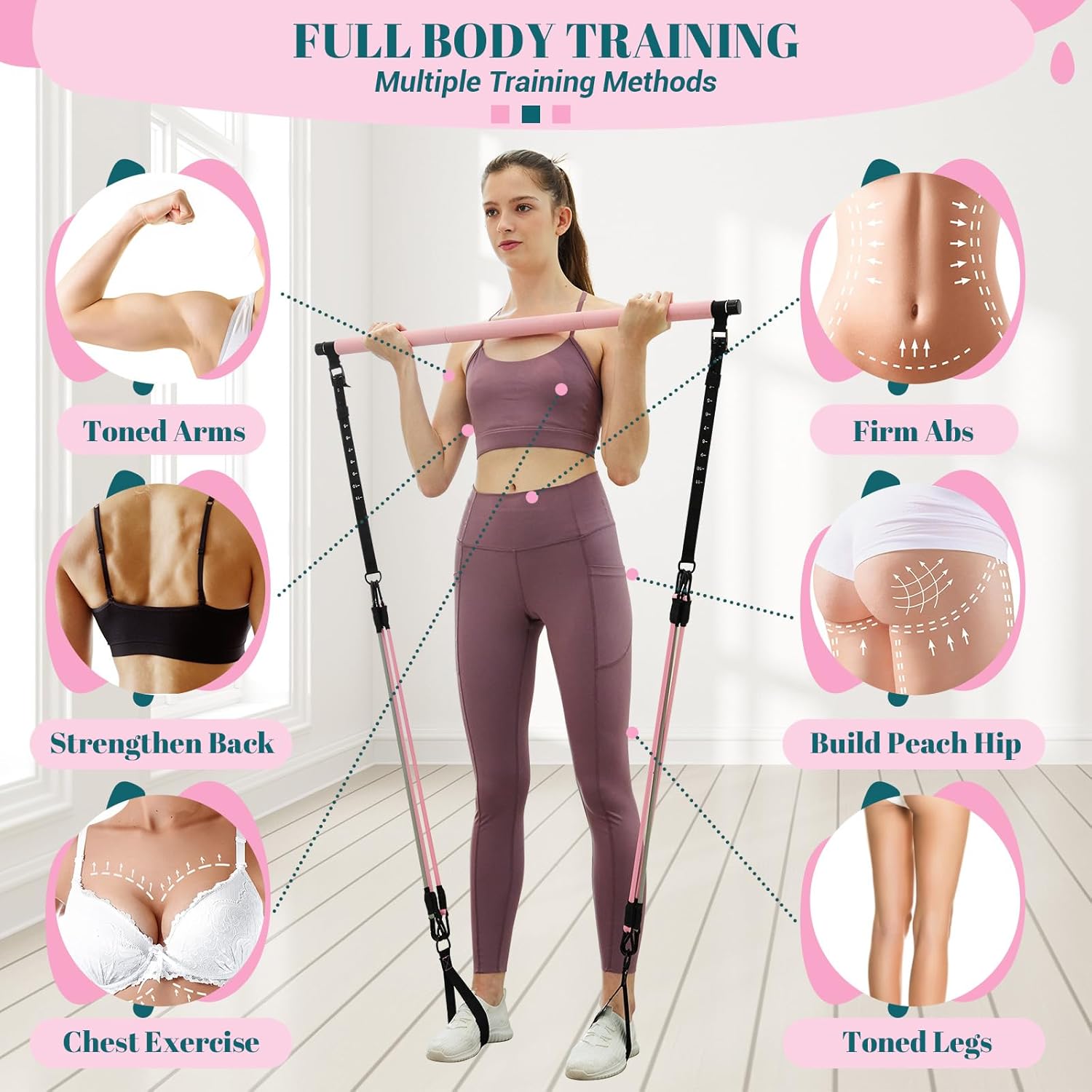 Pilates Bar Kit with Resistance Bands, Multifunctional Yoga Pilates Bar with Heavy-Duty Metal Adjustment Buckle, Portable Home Gym Pilates Resistance Bar Kit for Women Full Body Workouts - Image 6