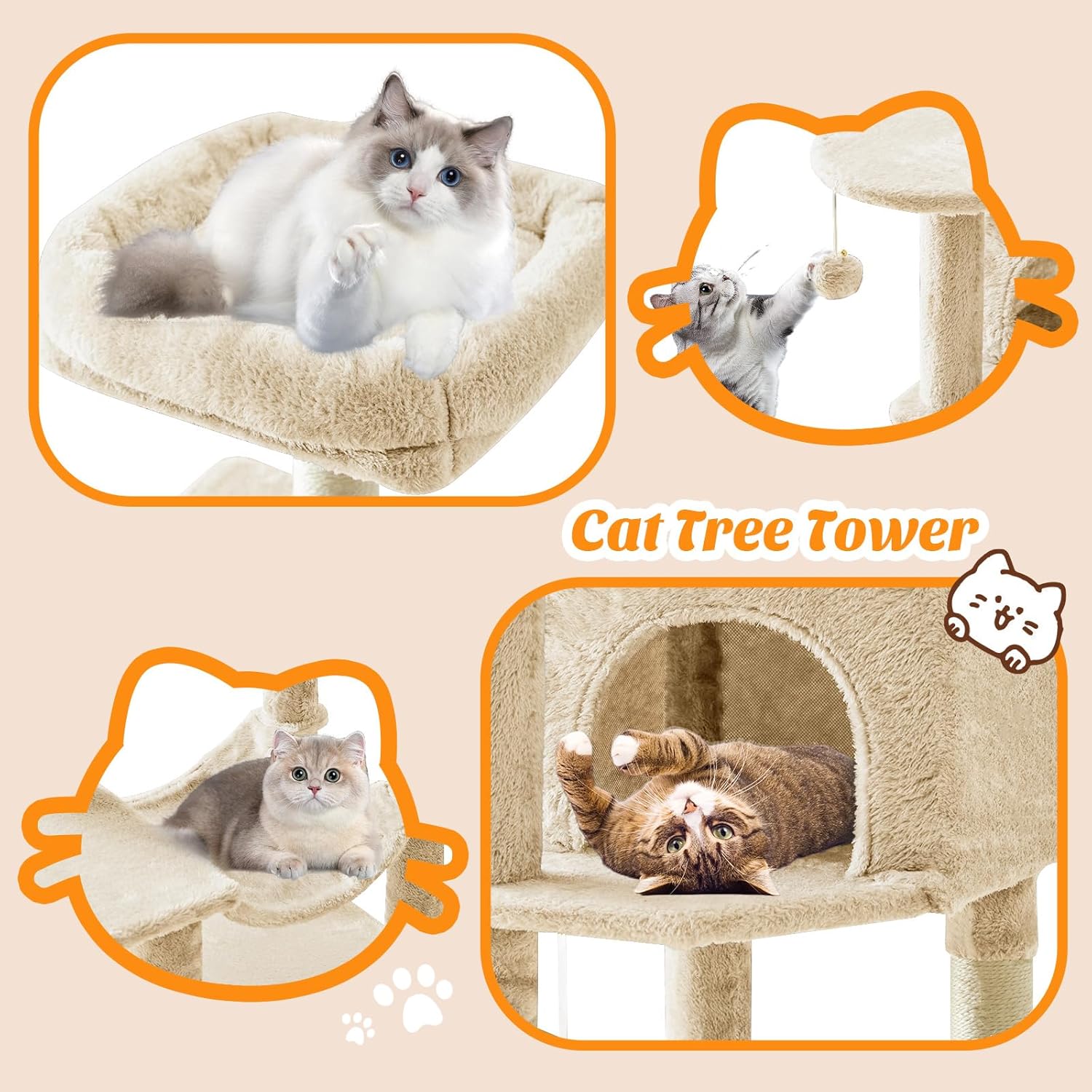 Sweetcrispy 44 Inch Cat Tree Tower, Cat Climbing Tower with Natural Sisal Scratching Posts, Hammock, Pet Condo for Indoor Cats and Kittens Play, Beige - Image 4