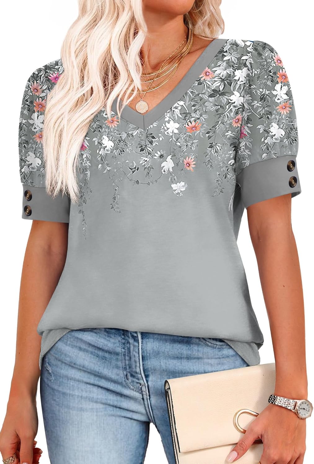 OFEEFAN Womens Tops Short Sleeve Shirts Buttons V Neck Spring Fashion Summer Outfits Plus Size Blouses Dressy Casual - Image 4
