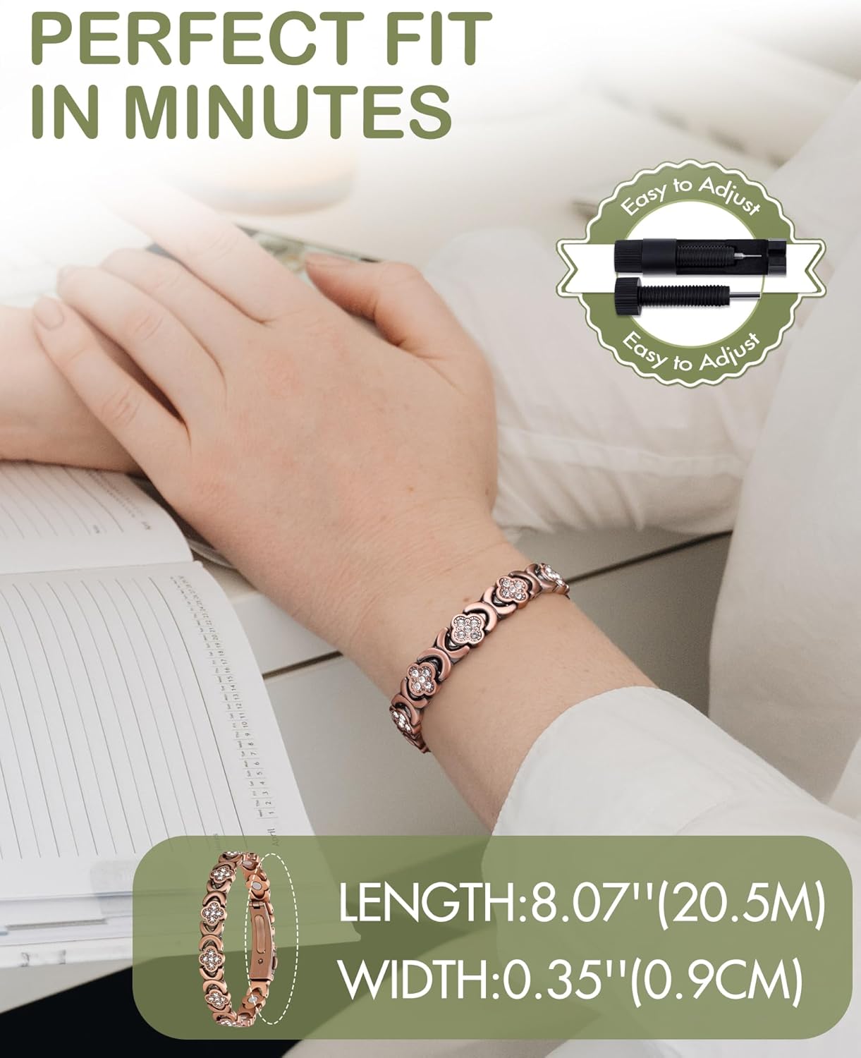 Feraco Pure Copper Bracelets for Women, Ultra Strength Magnetic Therapy Bracelet for Pain Relief with Neodymium Magnets & Sparkling Cubic Zirconia, Adjustable, Infinite Clover Jewelry - Image 6