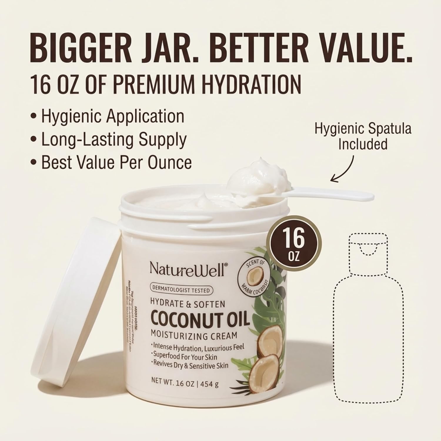 NATURE WELL Coconut Oil Moisturizing Cream for Dry Skin – Deep Hydration Lotion for Face, Body & Hands, Spa Quality Skincare, Softens & Smooths, Non-Greasy, Fast Absorbing, Vitamins A C E, 16 Oz - Image 7