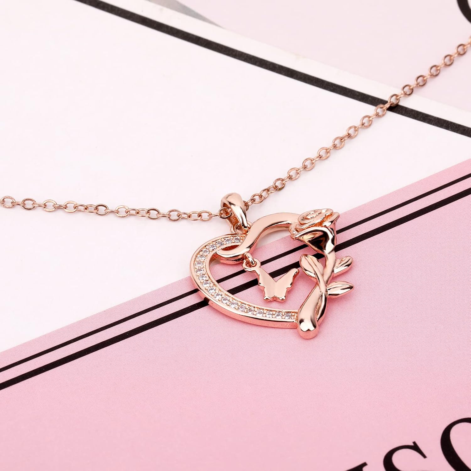 Heart Necklace for Women Sterling Silver/14k Gold Plated/Rose Gold CZ Romantic Rose and Butterfly Jewelry for women Birthday Valentine's Day Gift for Girls - Image 4