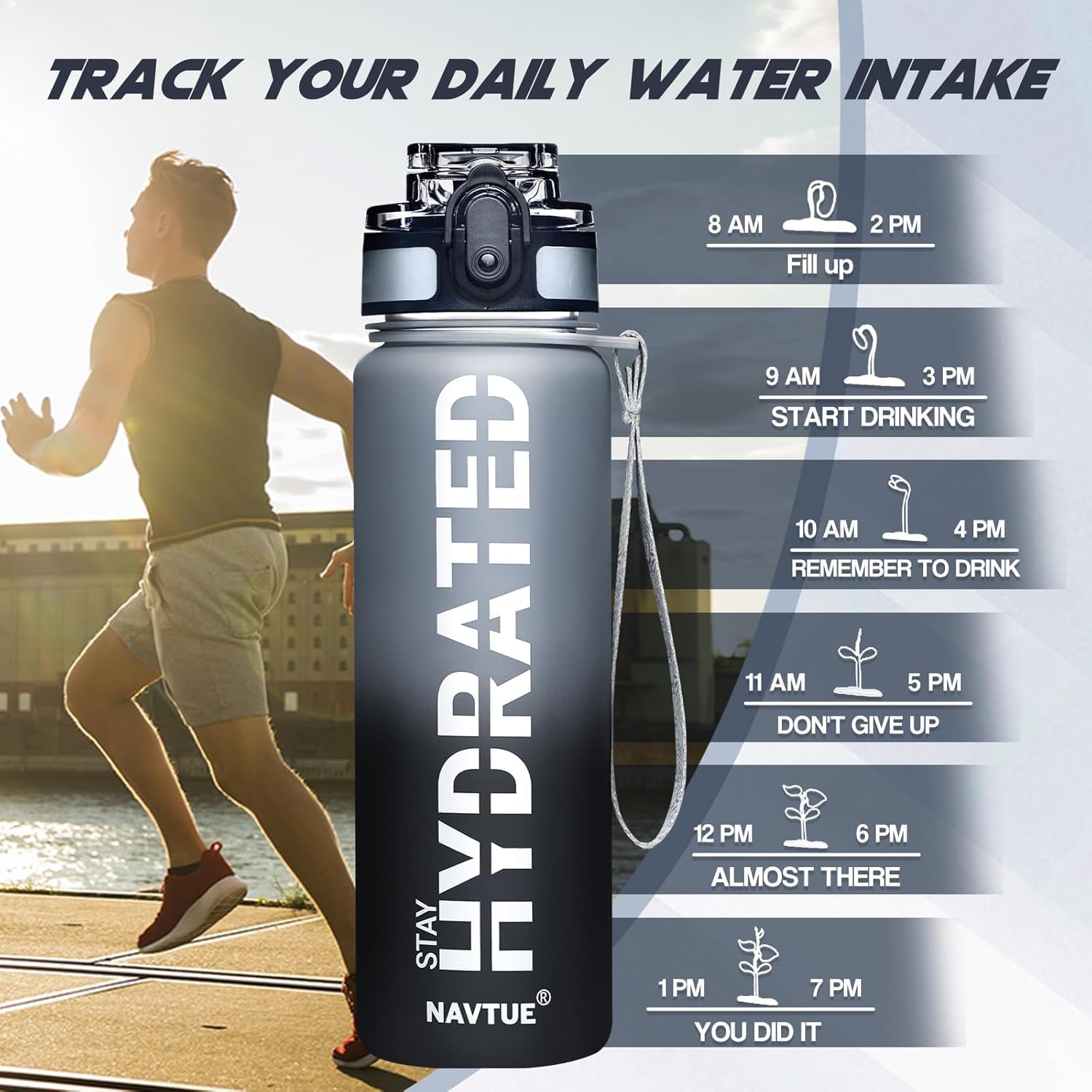 Water Bottle, 16.9 OZ Sports Water Bottles with Time Marker Wide Mouth, Motivational and Leakproof Drink Bottle, BPA Free Tritan with Carry Strap for Gym Fitness Outdoor(1 Bottle) - Image 4