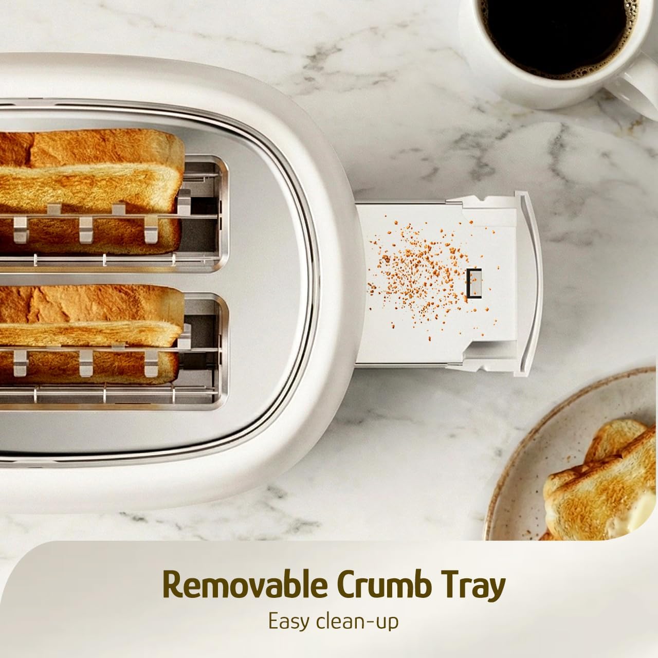 Hazel Quinn 2-Slice Retro Toaster, 6 Browning Levels, 3 Functions-Defrost/Reheat/Cancel, Removable Crumb Tray for Easy to Clean, 1.5 Inches Extra Wide Slots - Pearl White - Image 6