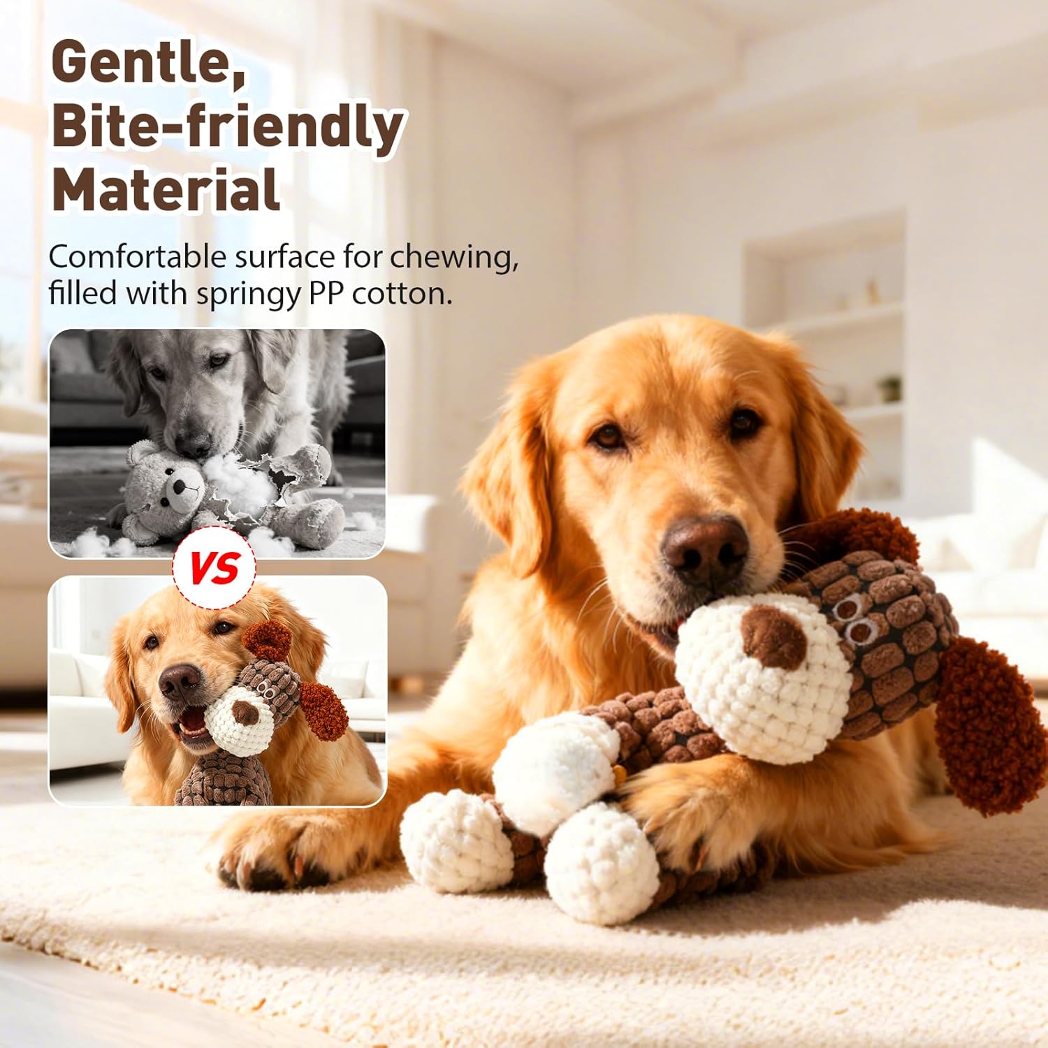 2026 New Dog Toys, Indestructible Plush Dog Toy for Aggressive Chewers, Interactive Squeaky Soft Puppy Chew Toy, Durable Teething Toys for Small Medium Large Dogs (Brown) - Image 5