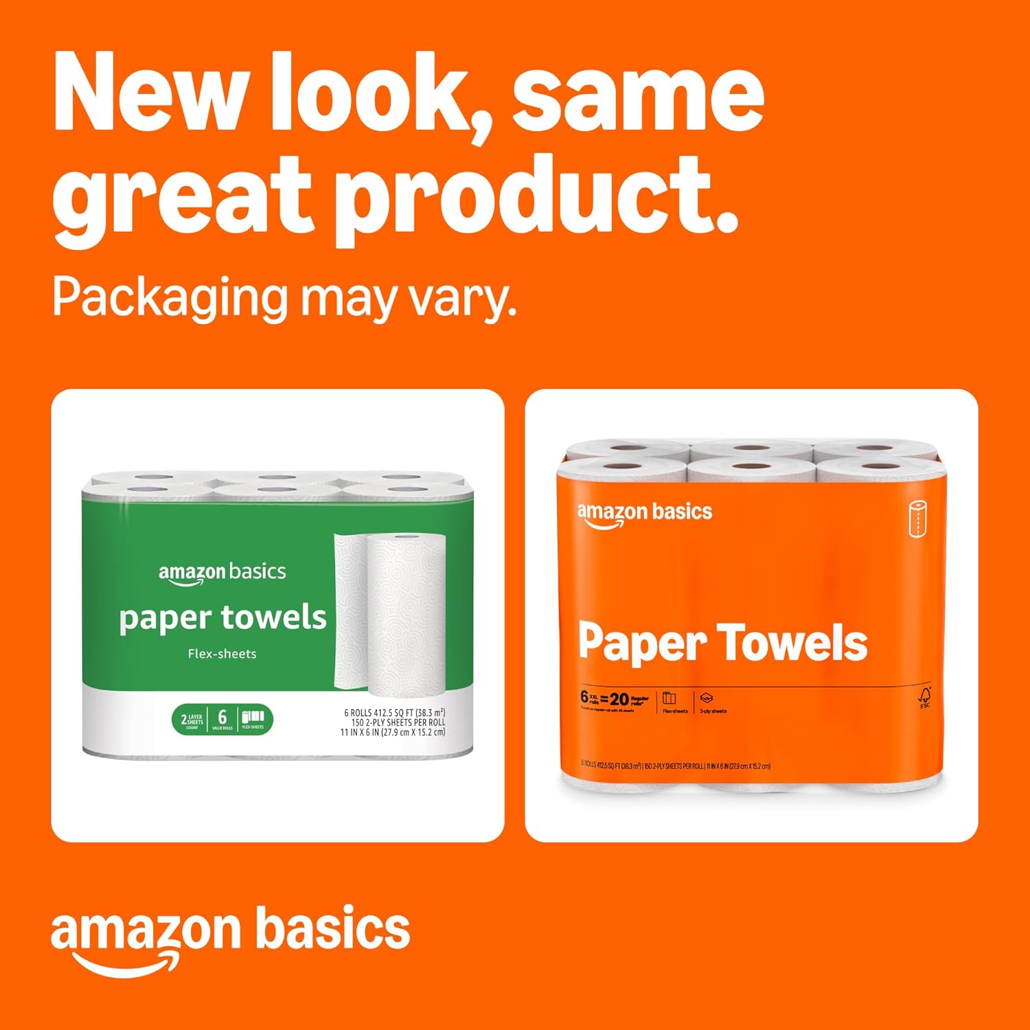 Amazon Basics 2-Ply Flex-Sheets Paper Towels, 12 Basics Rolls = 40 Regular Rolls, Everyday Value with 150 Sheets per Roll, Packaging May Vary - Image 2