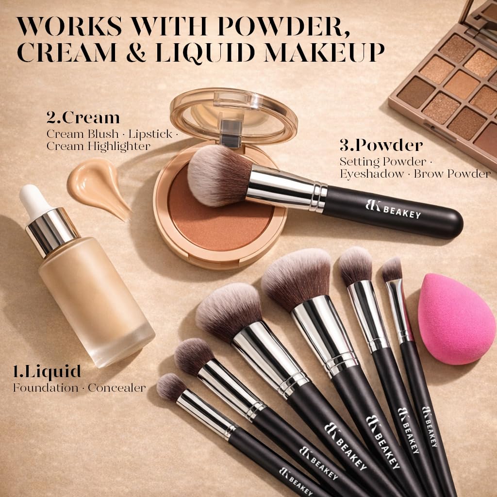 BEAKEY Makeup Brushes Sets, Brush Sets with Makeup Sponges (10+2pcs, with Black Case) - Image 3