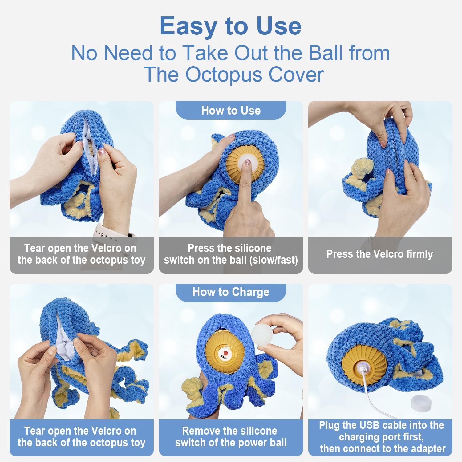 Interactive Dog Toys Octopus,Durable Automatic Jumping Dog Toy to Keep Them Busy,Squeaky Moving Tug of War Doggie Toy,USB Rechargeable,Not for Aggressive Chewers (Blue) - Image 3