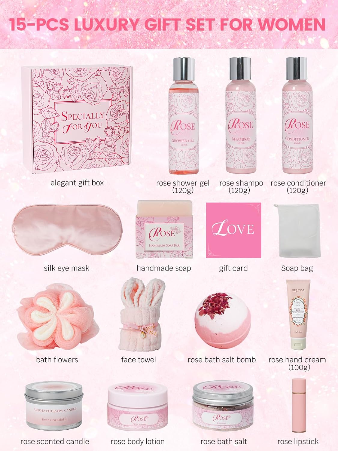 Mother's Day Gifts Set 16Pcs Rose Spa Bath & Body Care Set with Bath Bombs & Lotions, Relaxing Home Spa Gift Kit for Mom Wife Girlfriend, Ideal for Mother’s Day Birthday Women Gift Sets - Image 2