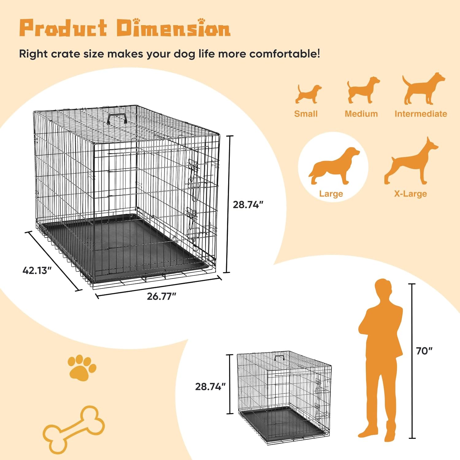 DUMOS Dog Crate, 42 Inch Large Double Door Dog Cage with Plastic Leak-Proof Pan Tray, Folding Metal Wire Pet Kennel for Indoor, Outdoor, Travel - Image 2