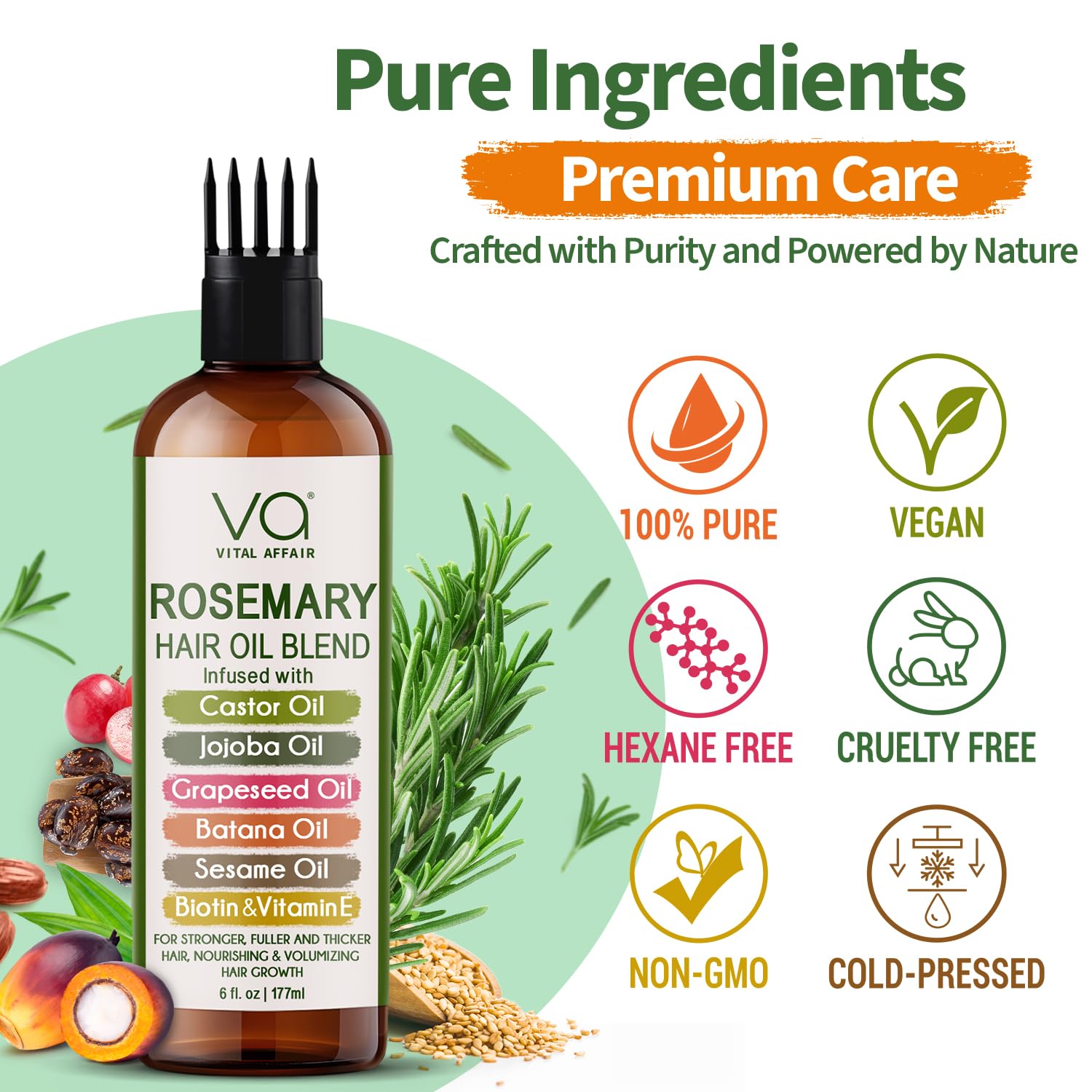 VITAL AFFAIR Blend Of Pure Rosemary Oil For Hair Growth With Castor, Batana, Jojoba Oil-Infused With Biotin & Vitamin E-Blend of Effective Hair Oils for Hair Growth-Strengthening Treatment 6 Fl Oz - Image 8