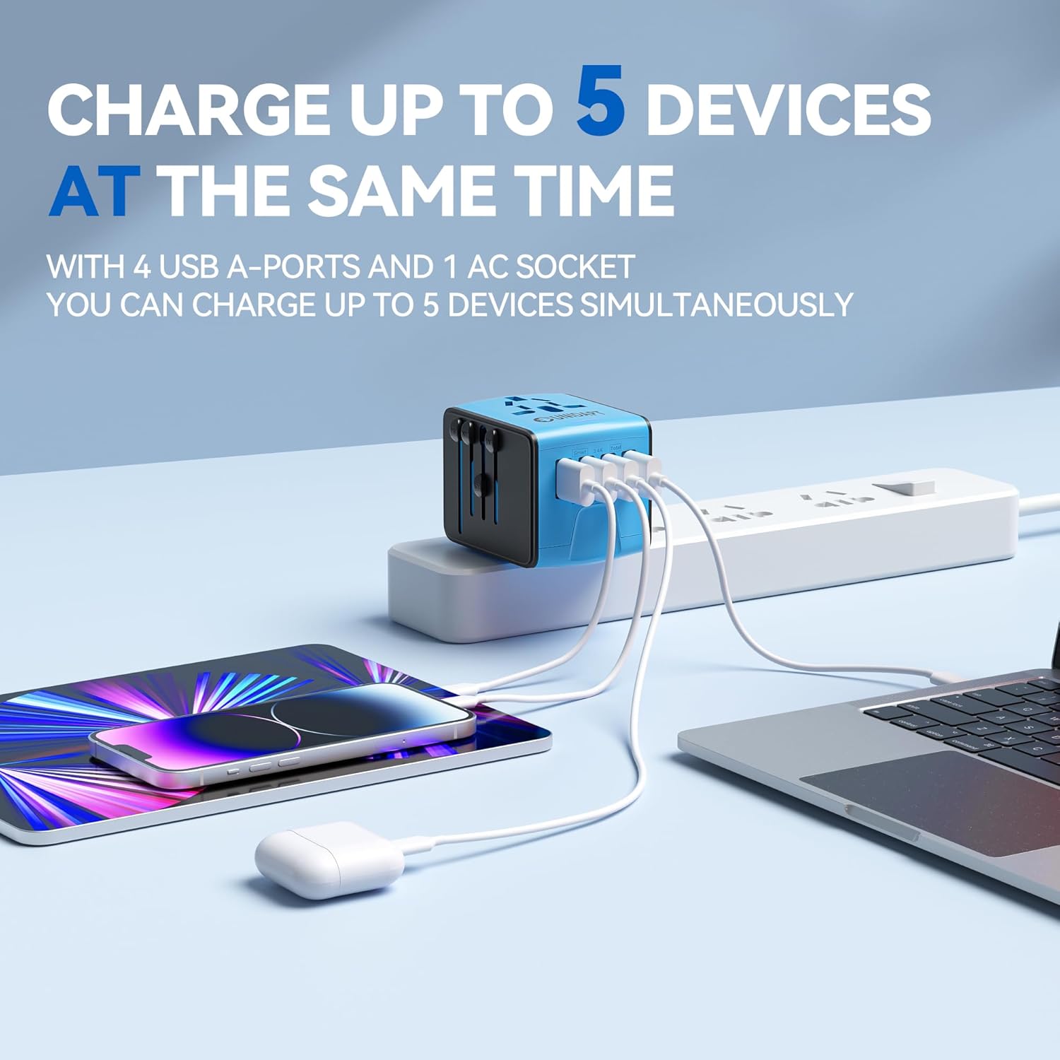 Unidapt Universal Travel Adapter, International Plug Adapter Fast 2,4A 4-USB European Power Plug, AC Wall Charger - Worldwide Outlet for Europe US USA UK EU AUS, Blue - Image 5