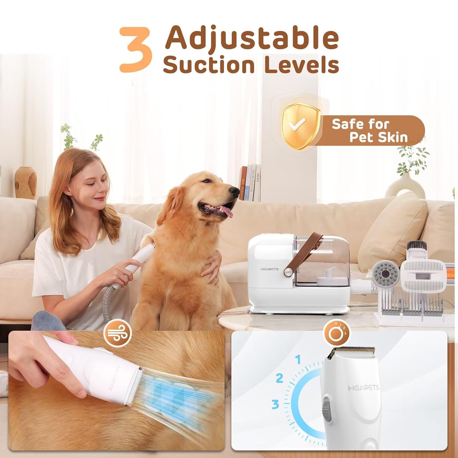 Dog Grooming Vacuum Kit - 3L Vacuum with 7 Tools, Low Noise Electric Clipper and Brush for Pet Shedding at Home, White - Image 2