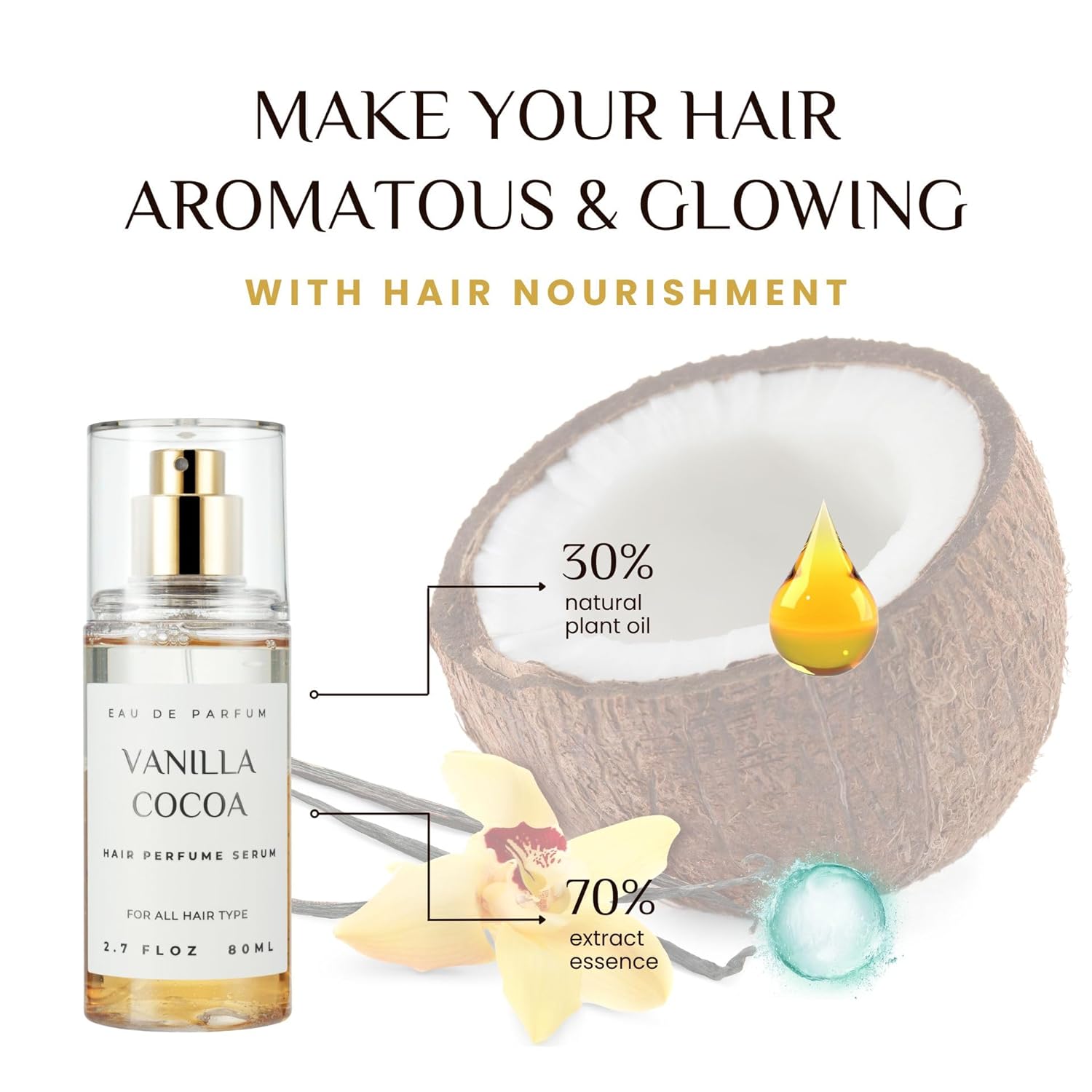 benatu Hair Perfume for Women, Summer Lightweight Long Lasting Fragrance Mist - 3:7 Hydrating Serum Alcohol Free Formula, Argan Oil Scented Hair Spray with Keratin & Elastin (Vanilla Cocoa) 2.7 fl oz - Image 6