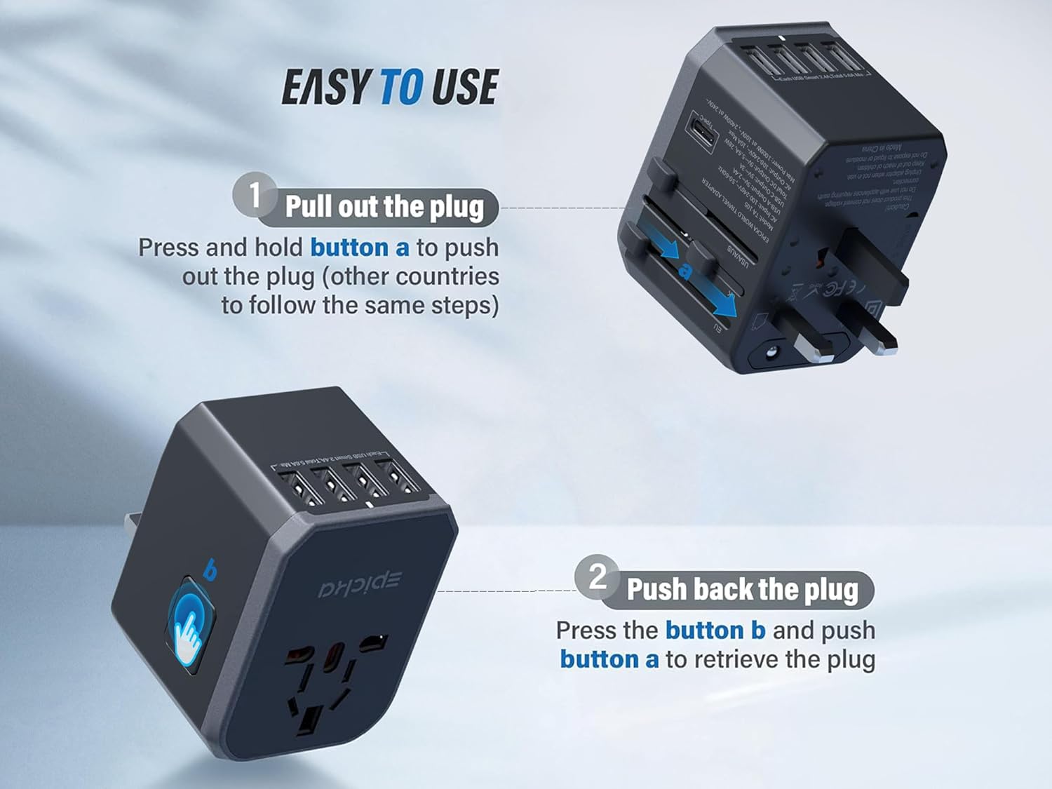 EPICKA Universal Travel Adapter, European Travel Plug Adapter (Not a Voltage Converter) - International Power Adapter Worldwide Charger with USB-C & 4 USB-A Ports, Travel Essentials (TA-105, Grey) - Image 3