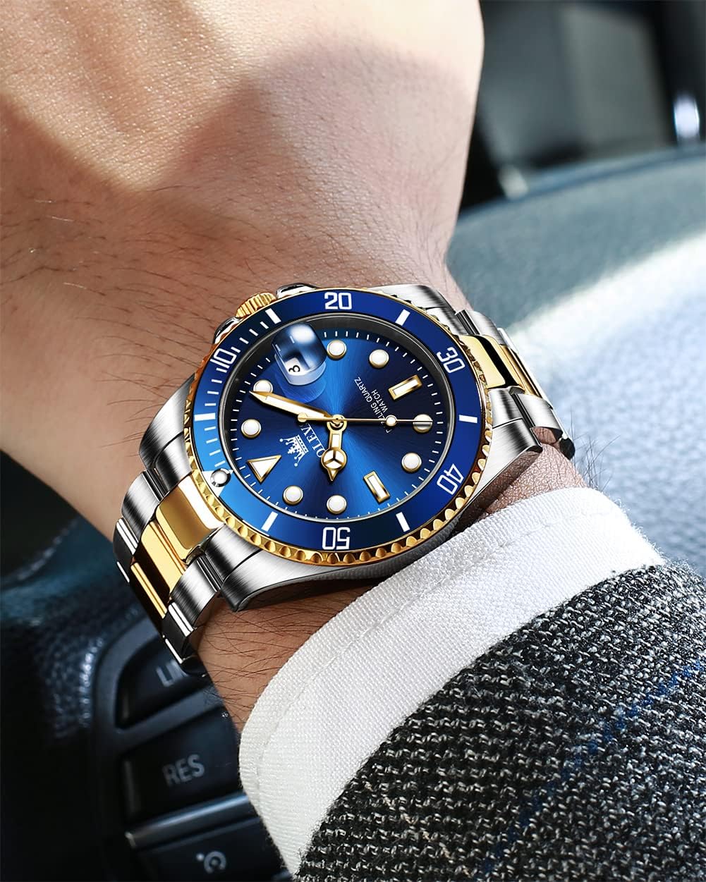 OLEVS Men's Watches with Date, Premium Gold and Silver Stainless Steel Analog Watches for Men, Classic Rotatable Bezel Men's Cuff Watches, Blue/Green/Black Dial - Image 3