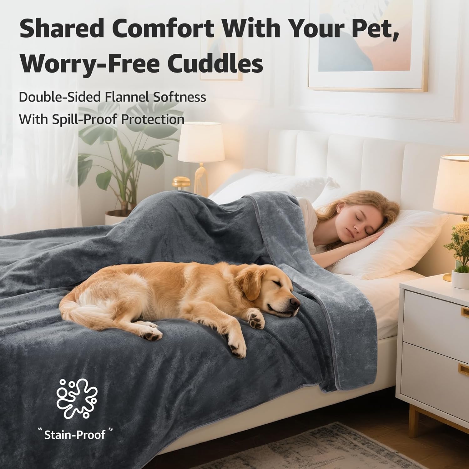 LOOBANI Waterproof Blanket for Bed: Reversible Soft Flannel Twin Bed Blanket 60" x 80", Leakproof Throw Spill-Proof Dog Pet Blanket for Couch, Sofa Protect, Movie Time, Camping, Travel, Grey - Image 2