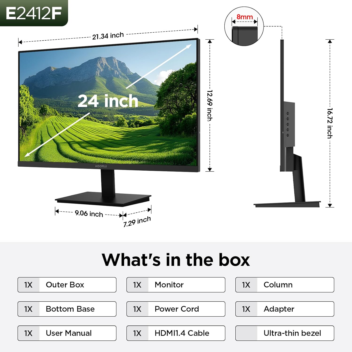 KOORUI 24-inch Computer Monitor Full HD 1920 x 1080p 100Hz VA Display 4000:1 Contrast Ratio with HDMI VGA, TÜV Rheinland Certified, 100 x 100 mm VESA Mountable, Ultra-Slim Design, Tilt, Black, E2412F - Image 7