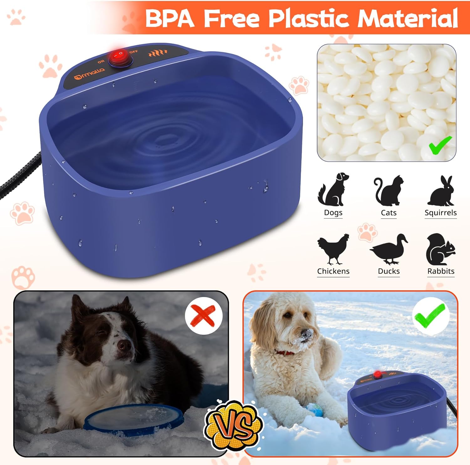 Heated Dog Bowl, 96oz/2.8L Outdoor Heated Water Bowl for Dogs, Cats, Chickens and Squirrels, Heated Pet Bowl with Chew Resistant Power Cord and ON/Off Switch, 35W - Image 2