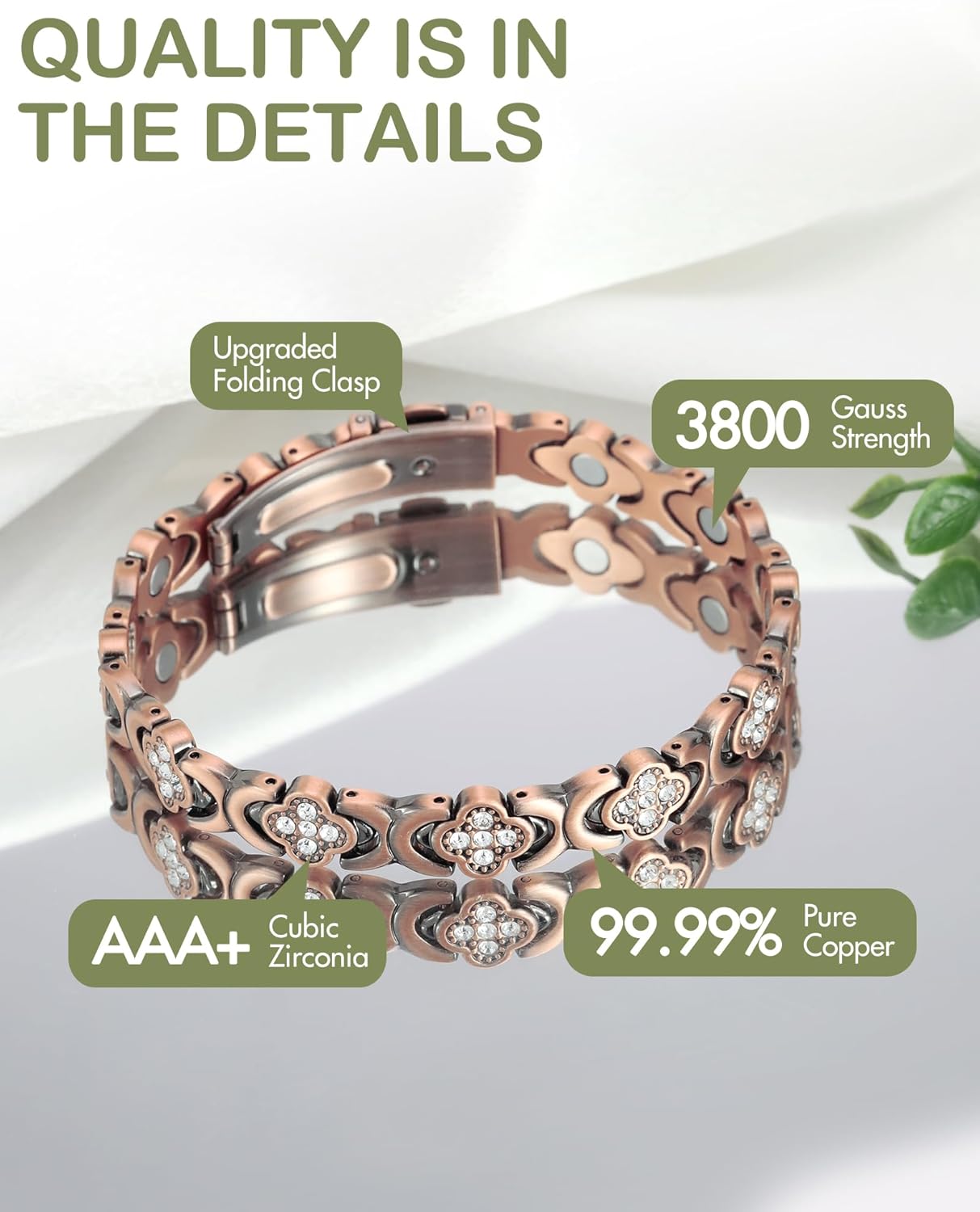 Feraco Pure Copper Bracelets for Women, Ultra Strength Magnetic Therapy Bracelet for Pain Relief with Neodymium Magnets & Sparkling Cubic Zirconia, Adjustable, Infinite Clover Jewelry - Image 5