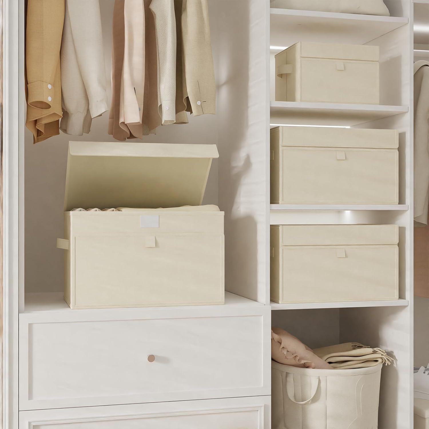 Convenient Storage Bins for Taking Clothes, Fabric Boxes with Flip Cover, Collapsible Organizer with Handles, Cube Baskets for Home, Bedroom, Closet, 15x9.8x9.8in, Beige, 4 Pack - Image 3