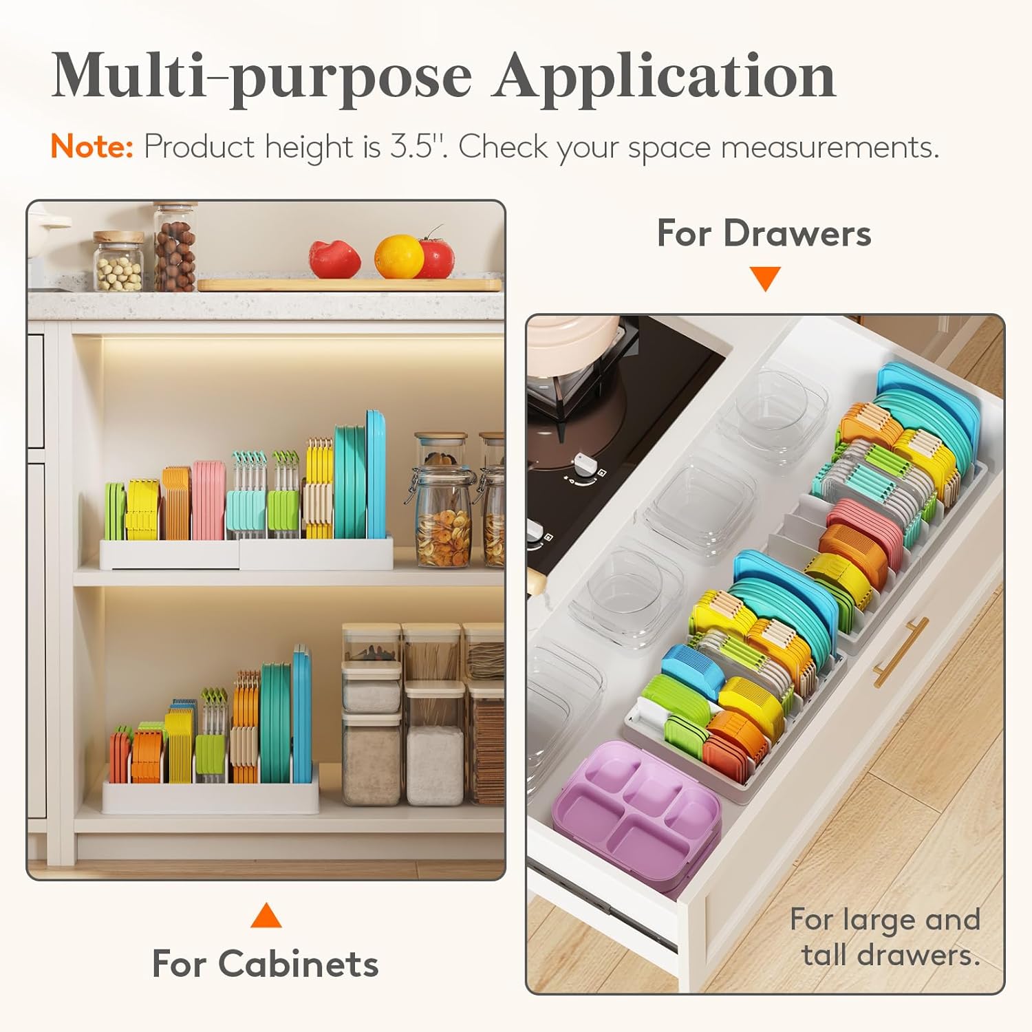 Lifewit Kitchen Cabinet Organizer for Food Contanier Lid, Lid Holder with 6 Adjustable Dividers & 7 Sections for Pantry Organizers and Storage, Home Drawer Organization, Large, 13" x 10" - Image 4