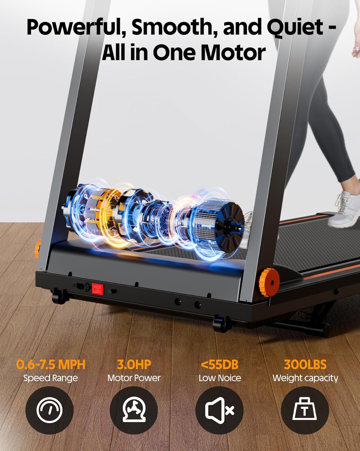 DeerRun Foldable Treadmill for Home with 5% Manual Incline and Handlebar, 0.6–7.5 MPH for Walking and Running, 3.0 HP, 300 lb Capacity, App & Remote Control - Image 6