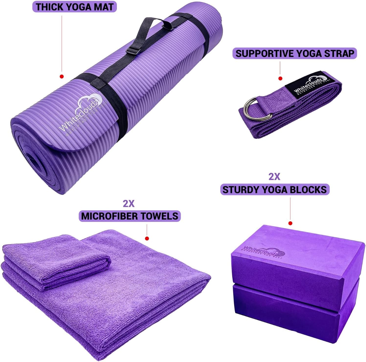 WHITECLOUDZ Yoga kit, 7-Piece Yoga Mat Set for Home Workouts, Thick Yoga Mat, Yoga Blocks, Strap, Yoga Towels & Carrying Bag, Exercise Mat with Yoga Equipment for Women & Men, Enhance Yoga Practice - Image 2