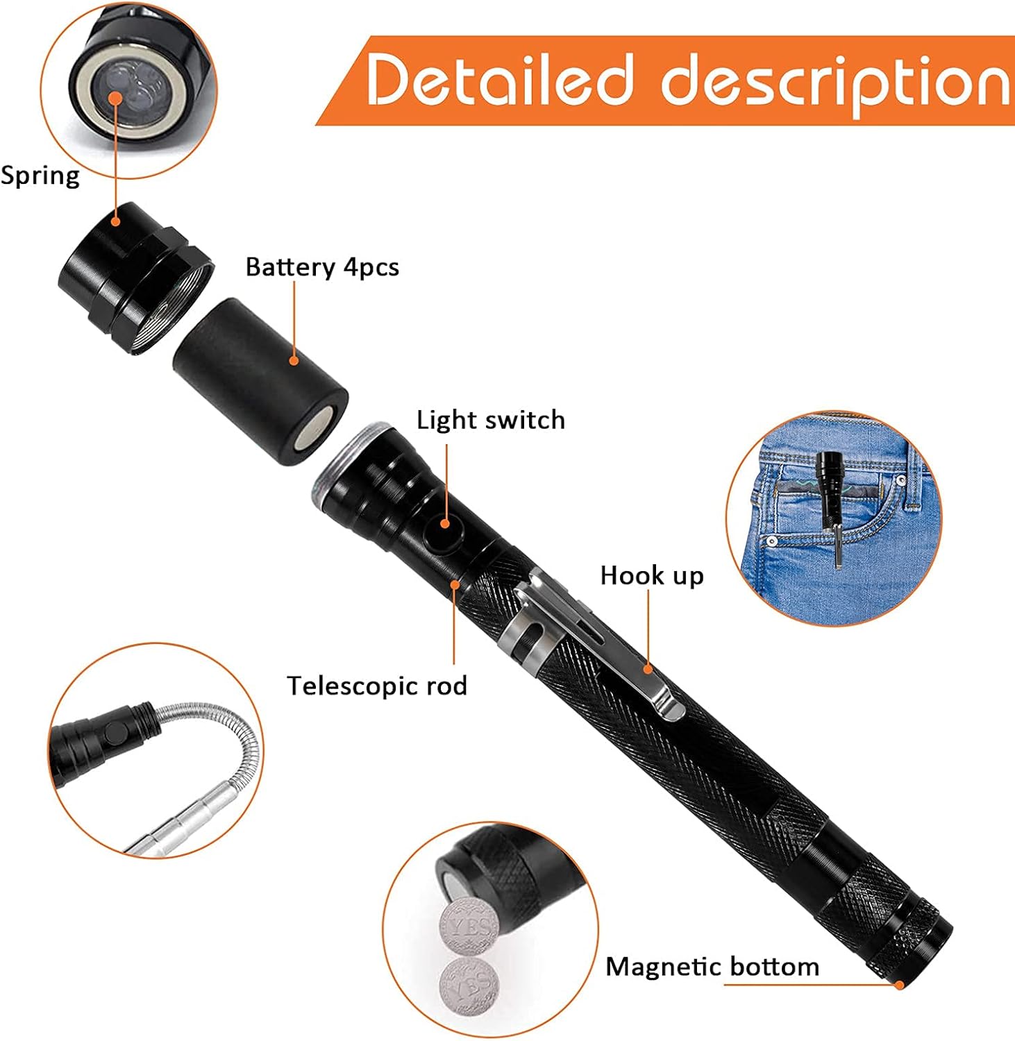 Magnetic Flashlight Easter Gifts for Men, Fathers Day Dad Gifts, Stocking Stuffers for Men Adults, Pickup Tool Cool Extendable Magnet Telescoping Gadgets Birthday for Him Handyman - Image 3