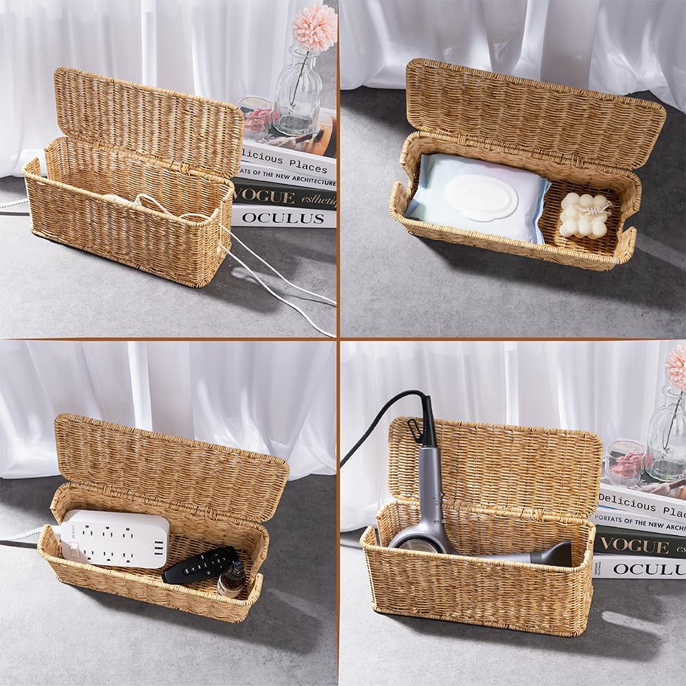 Cable Management Box, Handmade Rattan Cable Organizer with 2 Open Slots, Cord Hider for Power Strip, Router & USB Hub, Registered U.S. Design Patent (D1,112,102), 13" x 5.1" x 5.1", Natural - Image 6