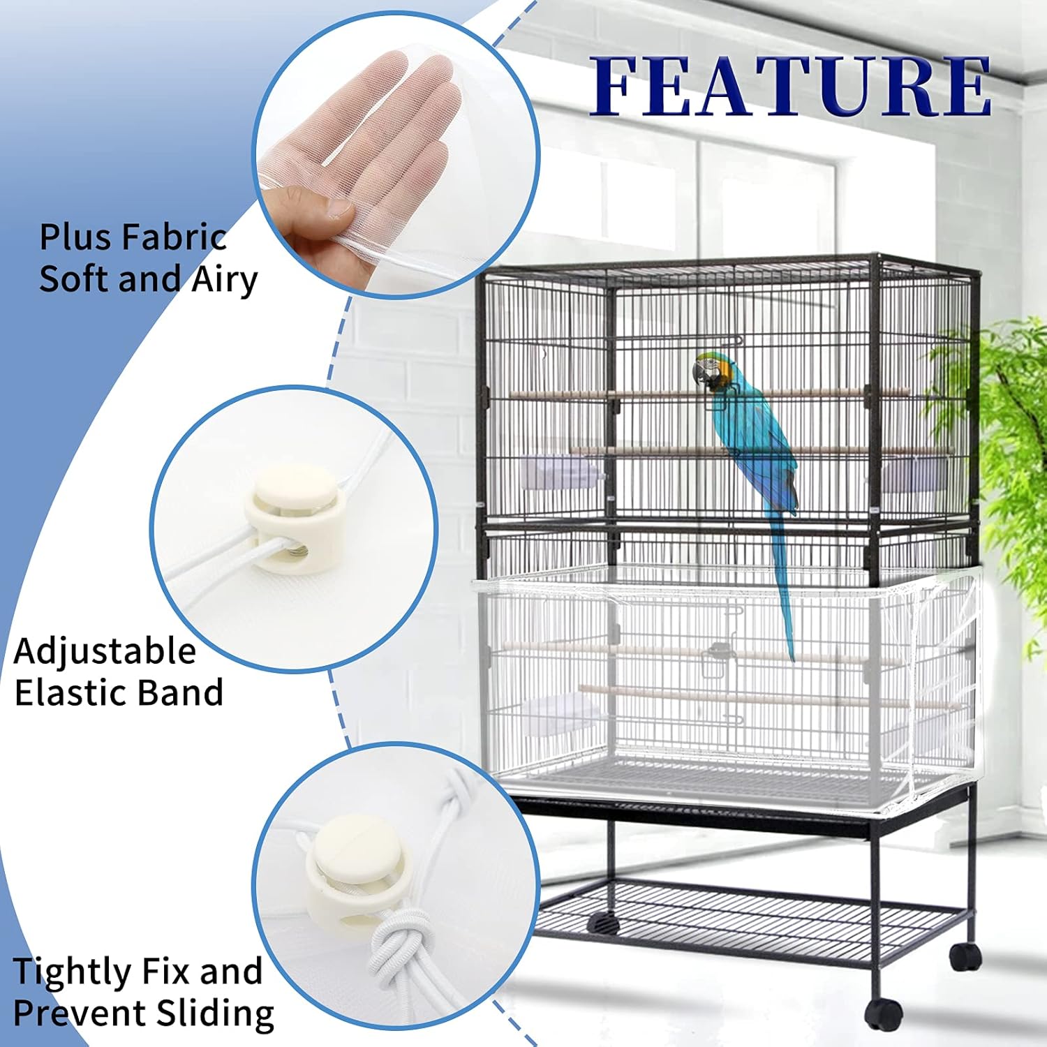 Daoeny Large Bird Cage Cover, Bird Cage Seed Catcher, Adjustable Soft Airy Nylon Mesh Net, Birdcage Cover Skirt Seed Guard for Parrot Parakeet Macaw African Round Square Cages (White) - Image 4
