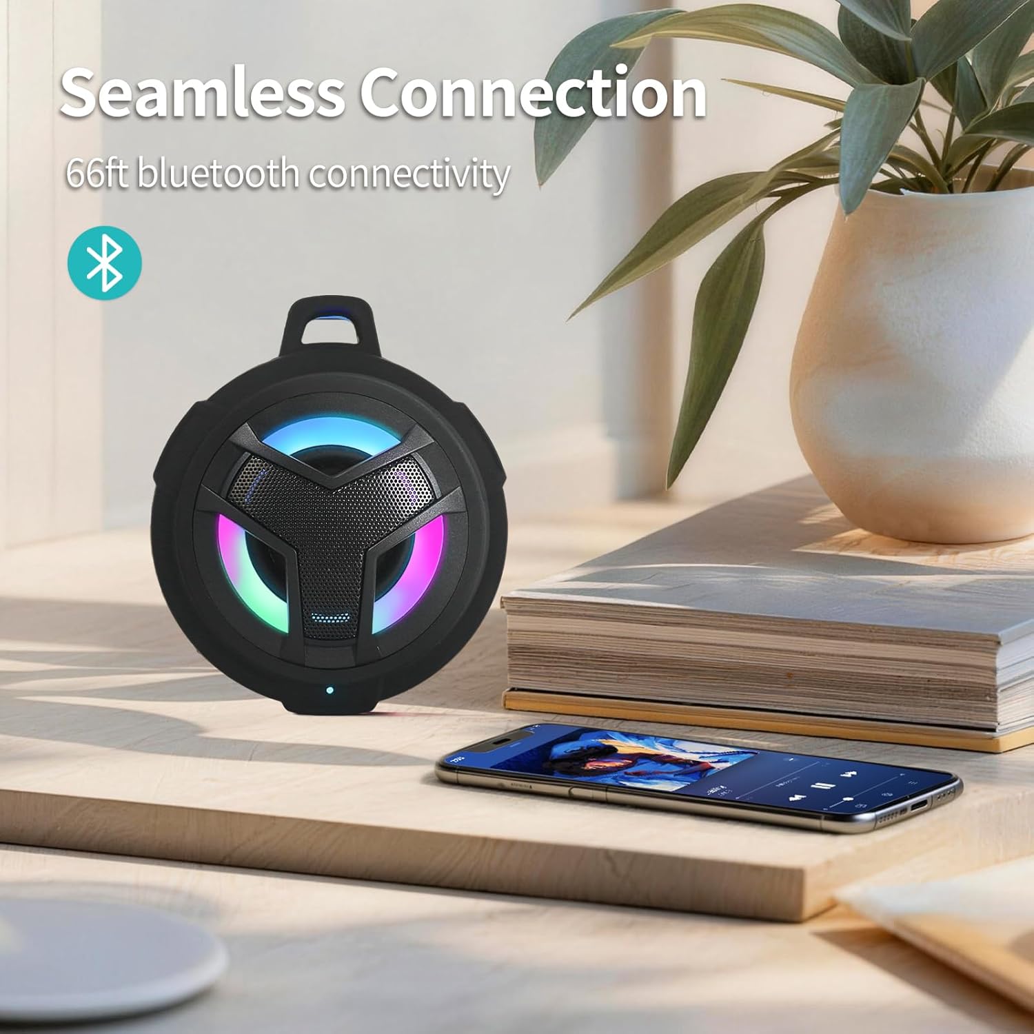 EBODA Bluetooth Shower Speaker, Portable Bluetooth Speakers, IP67 Waterproof Wireless Speaker with LED Light, Floating, 2000mAh, True Wireless Stereo for Kayak, Beach, Gifts for unisex -Black - Image 6