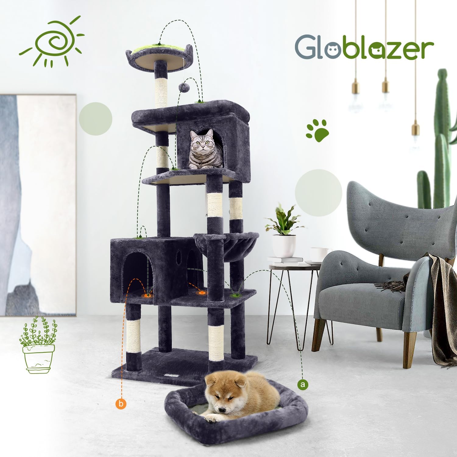 Globlazer Heavy Duty Cat Trees for Large Cats, Sturdy 72in Maine Coon Cat Tree for Large Cats 20 lbs+ Heavy Duty Cat Tower for Adult Biggest Cat with 6 Scratching Posts, Hammock, S72, Dark Gray - Image 7