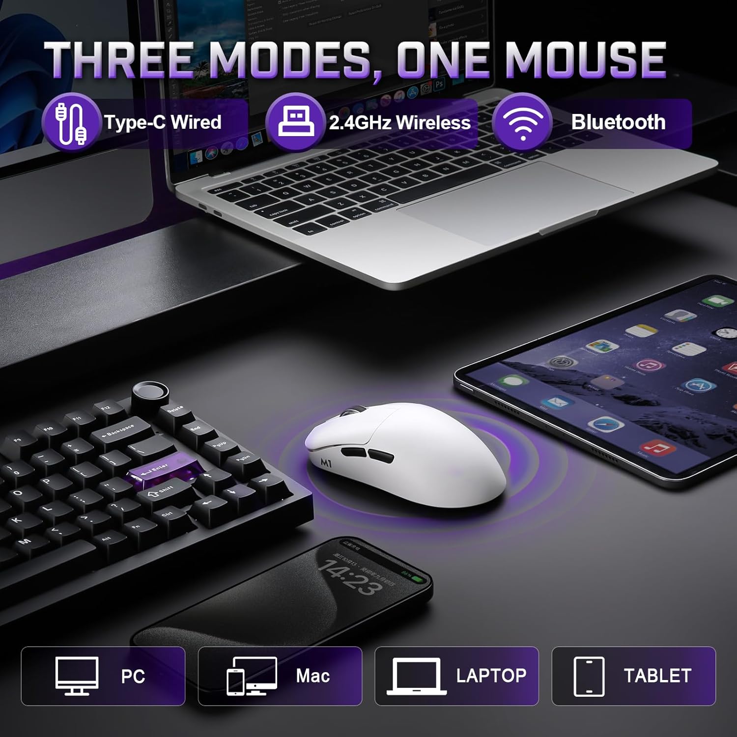 YUNZII M1 Wireless Gaming Mouse, Tri-Mode 2.4G/BT/Wired Gaming Mouse, PAW3311 Sensor 10000 DPI Rechargeable Wireless Mouse with 5 Programmable Buttons, Customizable via Software for Win & Mac (White) - Image 3