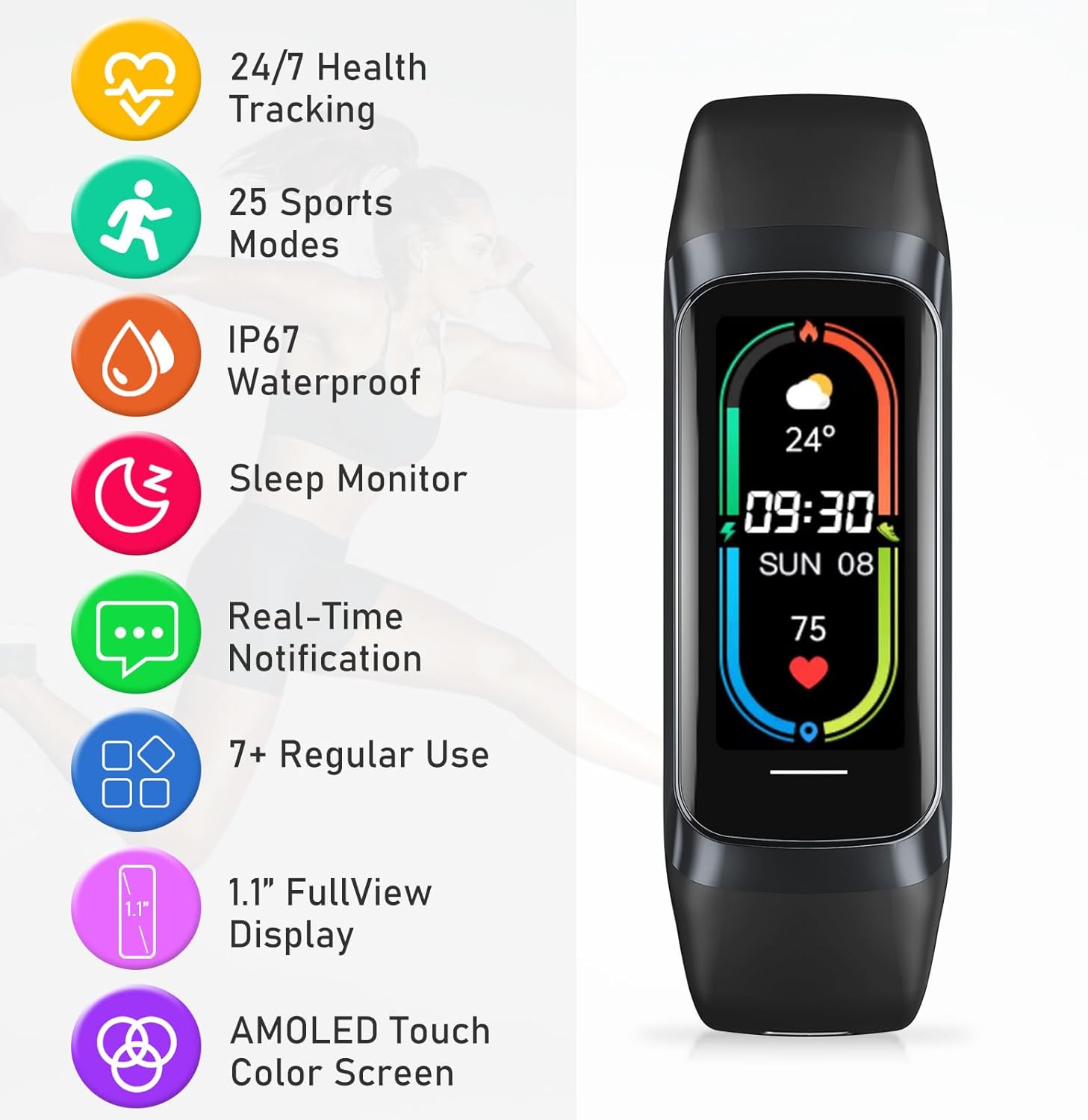 Fitness Tracker with 24/7Heart Rate, Blood Pressure, Sleep Tracking, Calorie, Activity Tracker with 1.1" AMOLED Color Screen, Waterproof Step Tracker for Android iPhones Women Men - Image 7